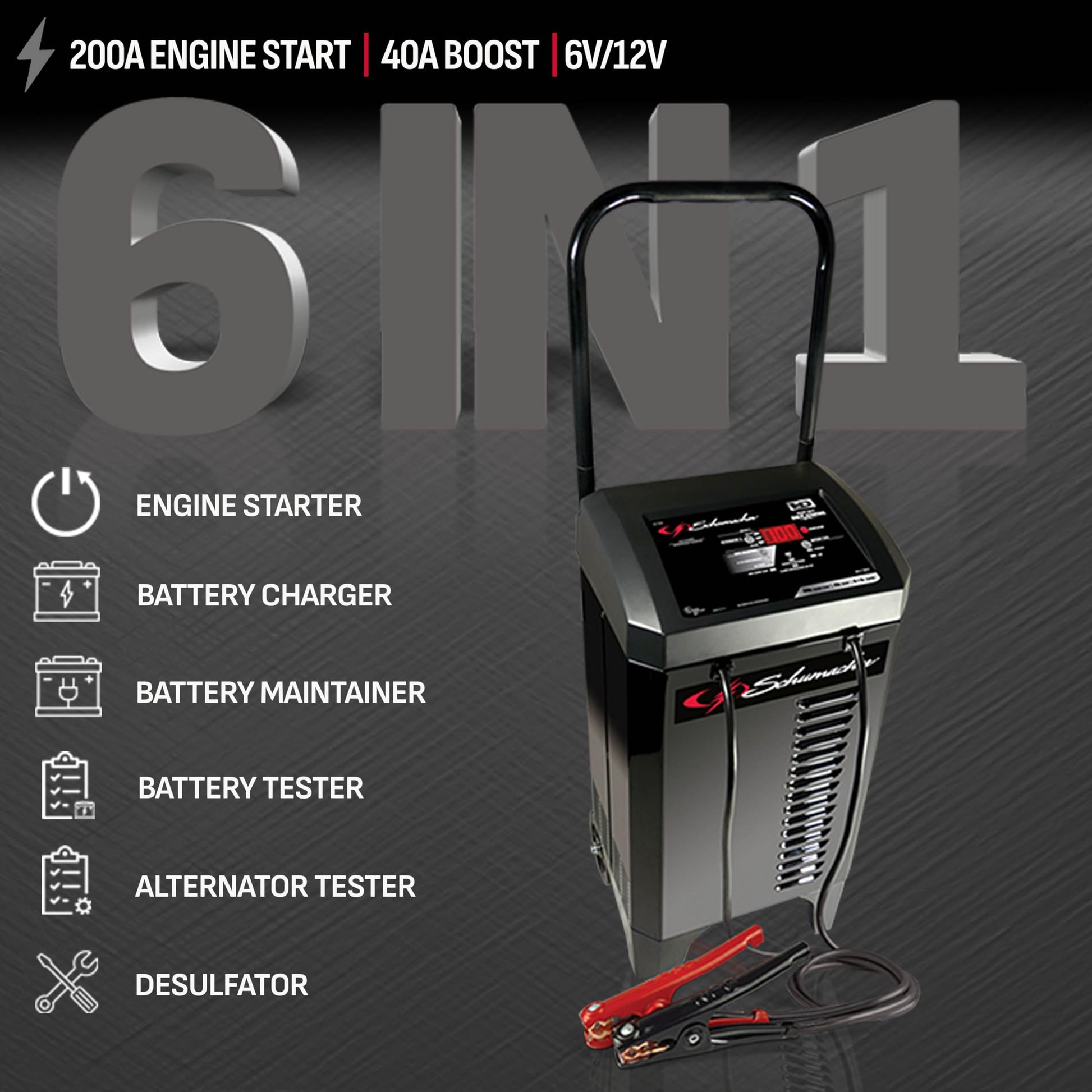 Schumacher - Cargador de batería eléctrico completamente automático y arrancador de motor, cargador de batería de coche de 6/12 voltios, arranque del motor de 200 amperios y refuerzo de 40 amperios