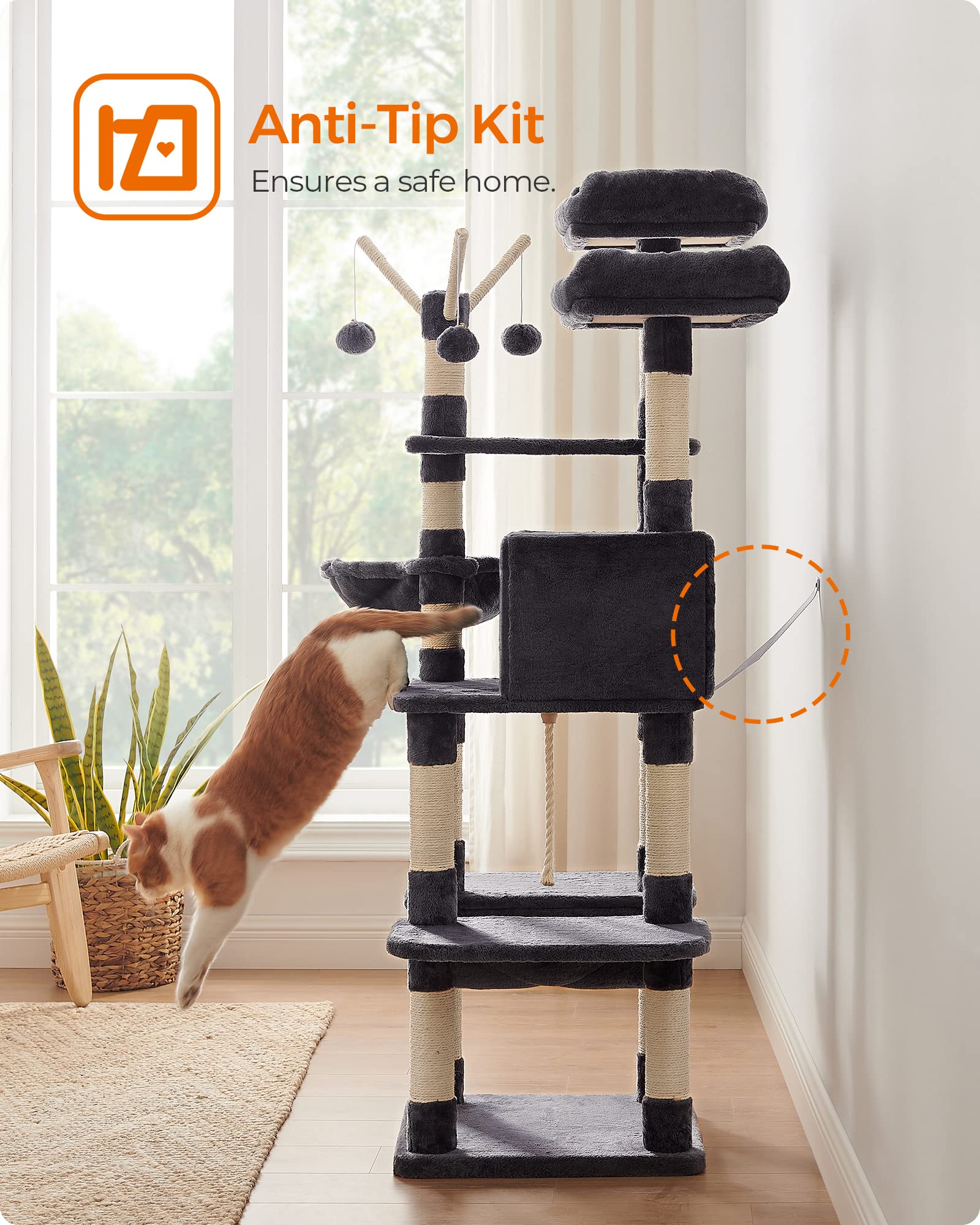 Feandrea Árbol para Gatos, Torre Grande para Gatos, 164 cm, con Hamaca, Condominio para Gatos, Gris Ahumado MPCT087G01