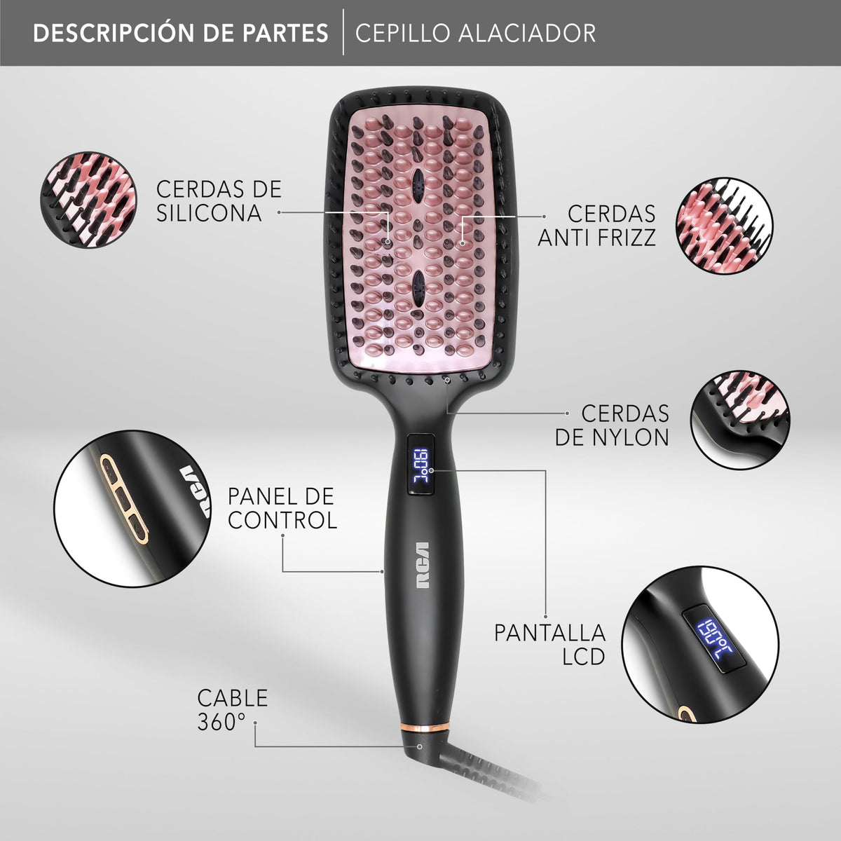 Cepillo Alaciador RCA Cerámica con Cerdas de Silicona y Nylon Profesional