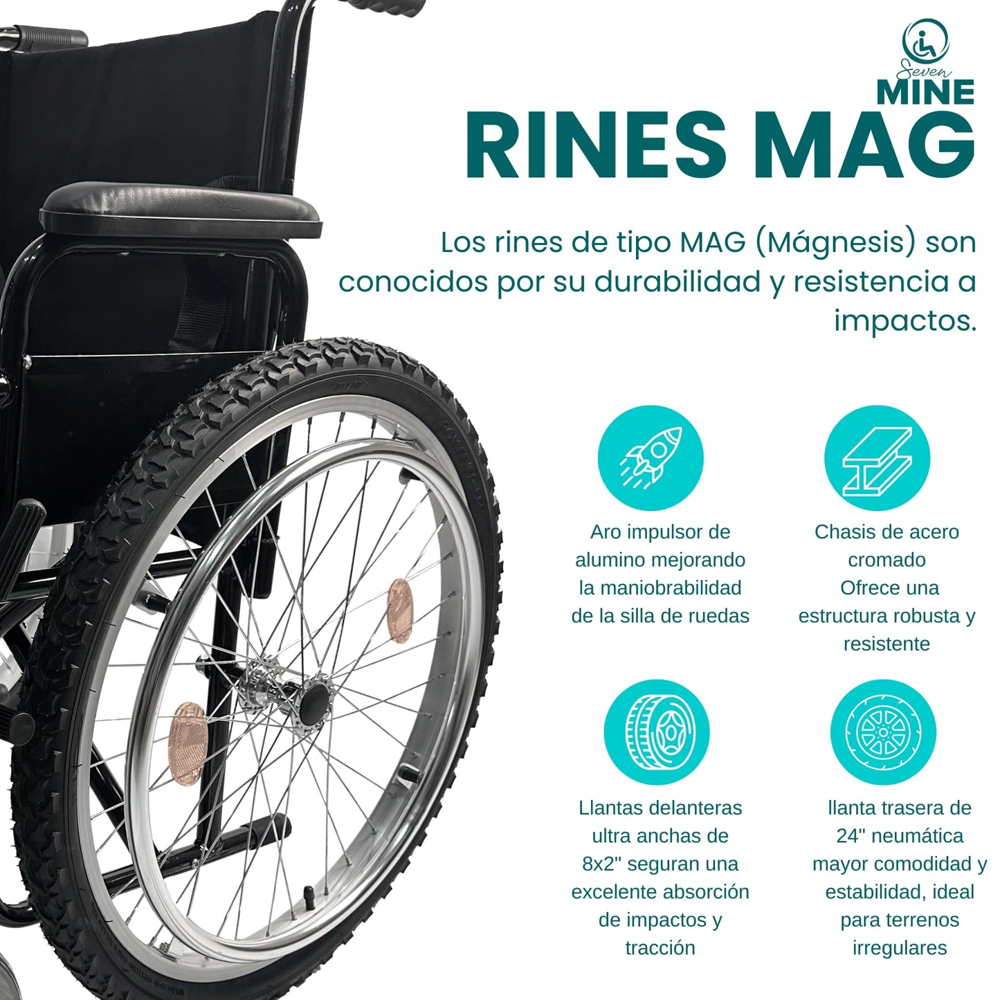 Silla de Ruedas Todo Terreno SEVEN MINE Negra con Neumáticos Traseros de 24 Pulgadas y Llantas Anchas Delanteras 8x2 Pulgadas