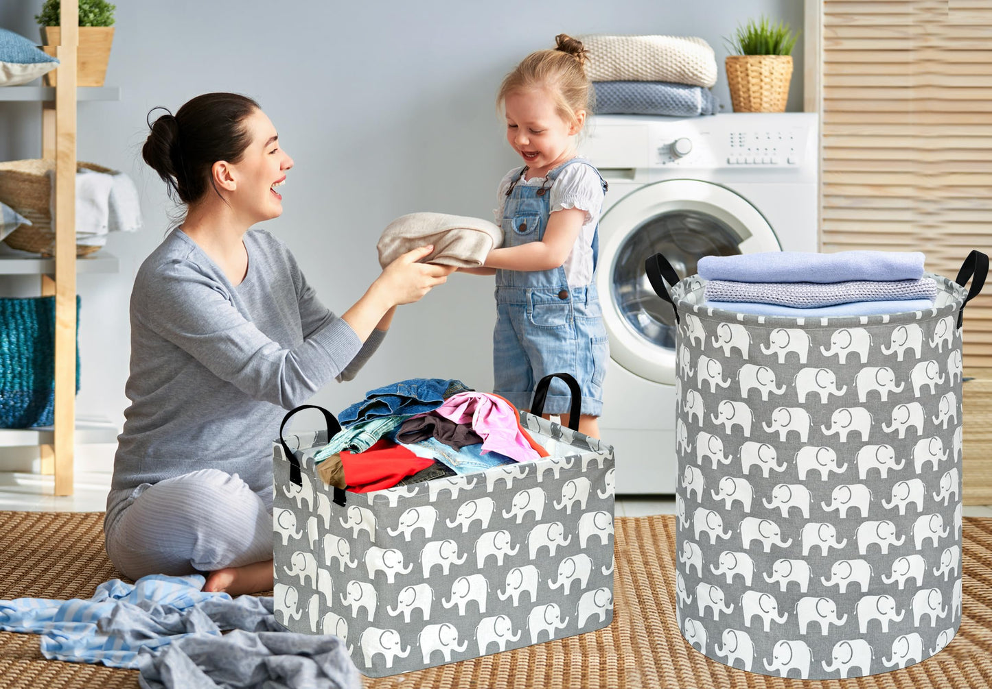 KUNRO - Cesta de almacenamiento redonda de gran tamaño, con revestimiento impermeable, organizadora, para guardería, ropa y juguetes