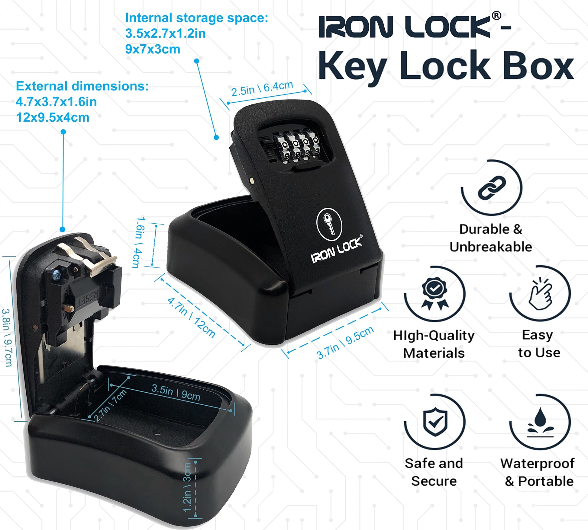Iron Lock® - Caja de bloqueo de llaves para llaves de 4 dígitos combinación con código reajustable con interruptor A B para interiores y exteriores, impermeable, para llaves de casa de repuesto, 5