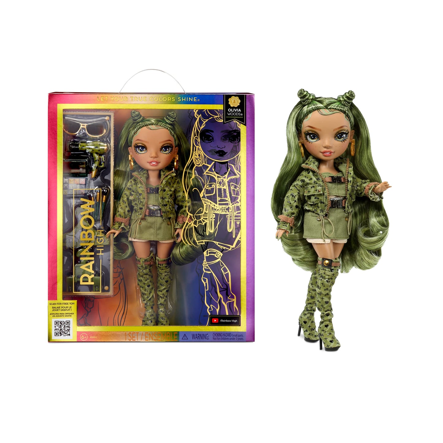 Muñeca Fashion Rainbow High Olivia Woods Verde Camuflaje con Traje de Moda y Más de 10 Accesorios para Coleccionistas y Niños de 4 a 12 Años