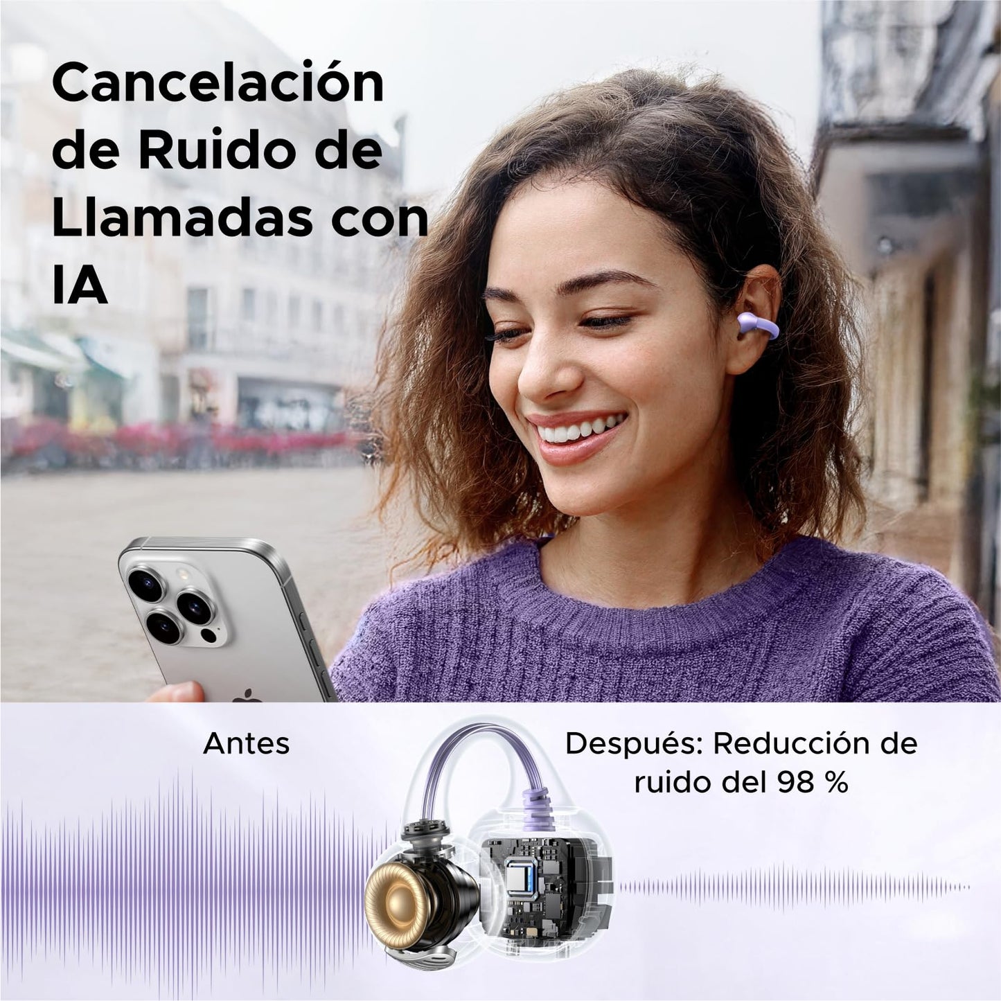 Audífonos Inalámbricos UGREEN Púrpura Open-Ear Bluetooth 5.4 con ENC y Carga Rápida