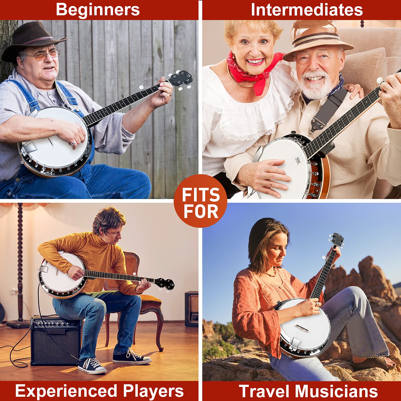 Vangoa Banjo - Juego de 5 cuerdas y acústicos eléctricos de tamaño completo con cabeza de retorno de caoba, cabeza de retorno, banjoe, 24 soportes con 5ª clavijas para principiantes y adultos