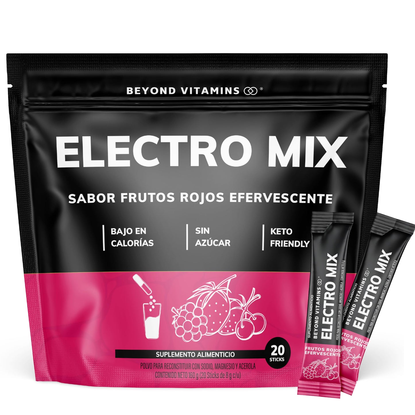 Polvo de Electrolitos Beyond Vitamins Frutos Rojos Efervescente sin Azúcar Baja en Calorías para una Recuperación Increíble