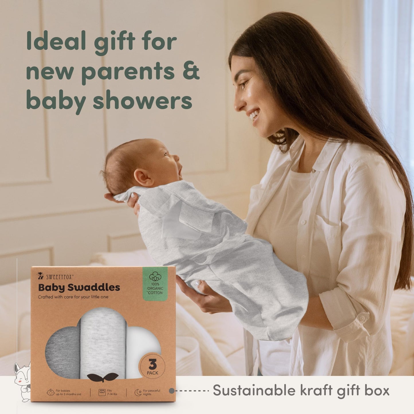 Sweety Fox - Paquete de 3 pañales orgánicos para bebés – pañales para recién nacidos, bebés de 0 a 3 meses, bebés, niños, mantas suaves y cómodas para bebés recién nacidos (niebla)
