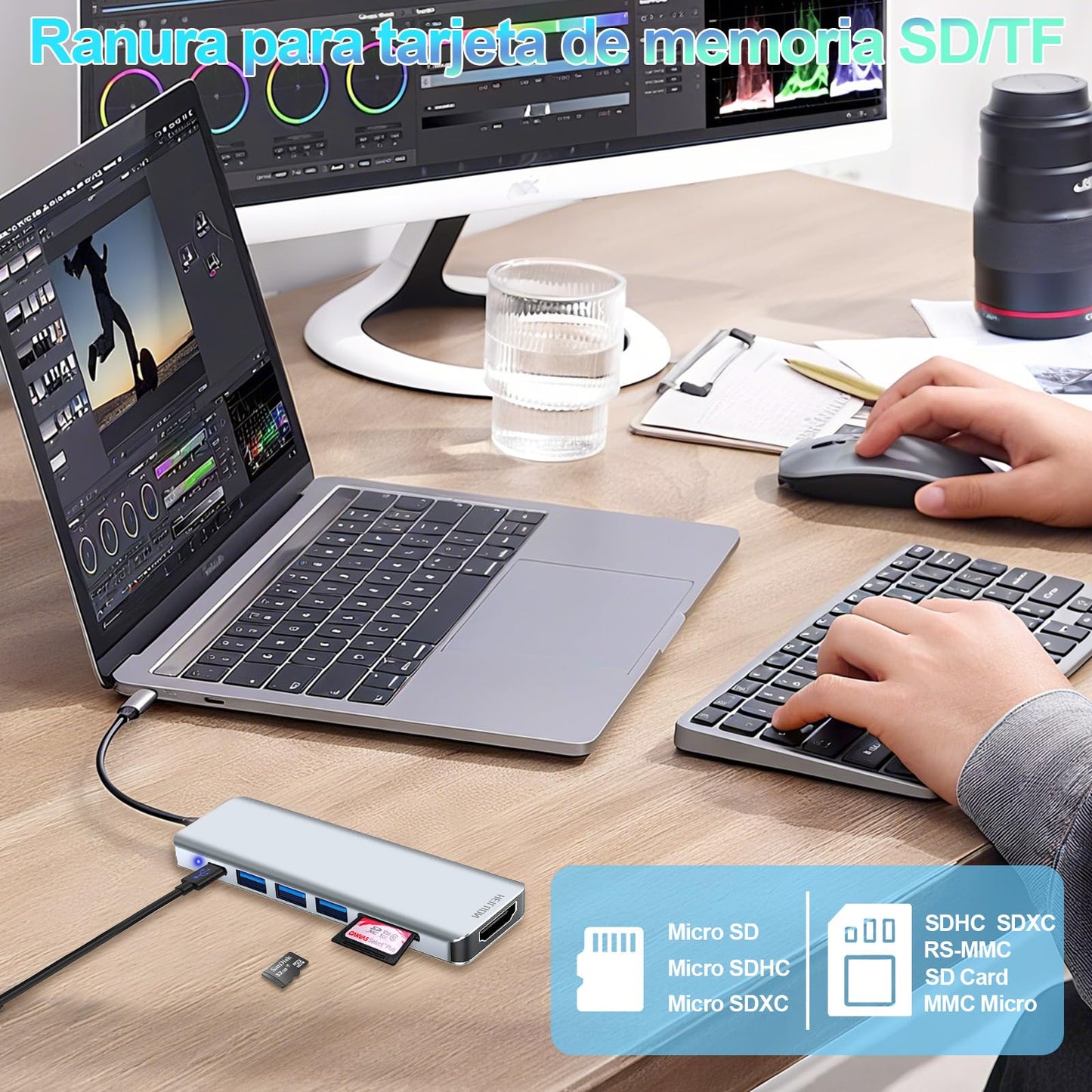 HeiLuon Adaptador Hub USB C 7 en 1 con HDMI 4K, 3 Puertos USB 3.0, Lector de Tarjetas SD, Carga PD 100W, Hub USB C para Laptop, PC Adaptador USB C a hdmi, HDMI a USB C, Tipo C a Hdmi