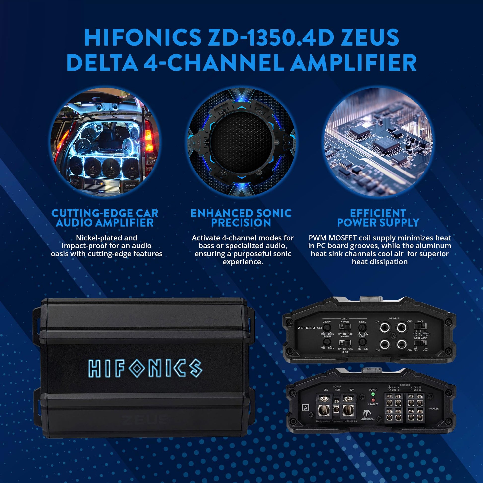 Hifonics Zeus Delta ZD-1350.4D - Amplificador de audio para coche compacto de 4 canales niquelado con función de encendido automático, color negro