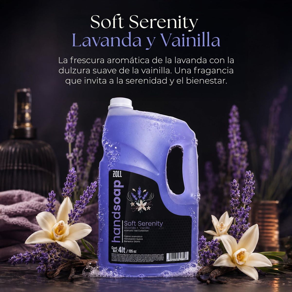 ZOLL Jabón Líquido para Manos - Soft Serenity Lavanza + Vainilla - Fragancia Premium Tipo Perfume - Larga Duración - Fórmula Espumante Hidratante - Limpieza Sofisticada para Uso Diario