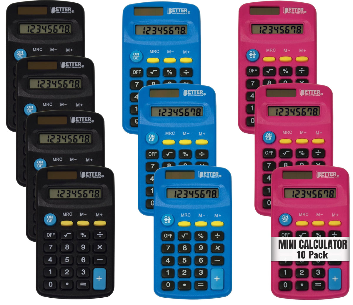 Mini Calculadoras Better Office Products Azul Negro Rosa Visualización de Mano de 8 Dígitos Función Estándar Alimentación Dual