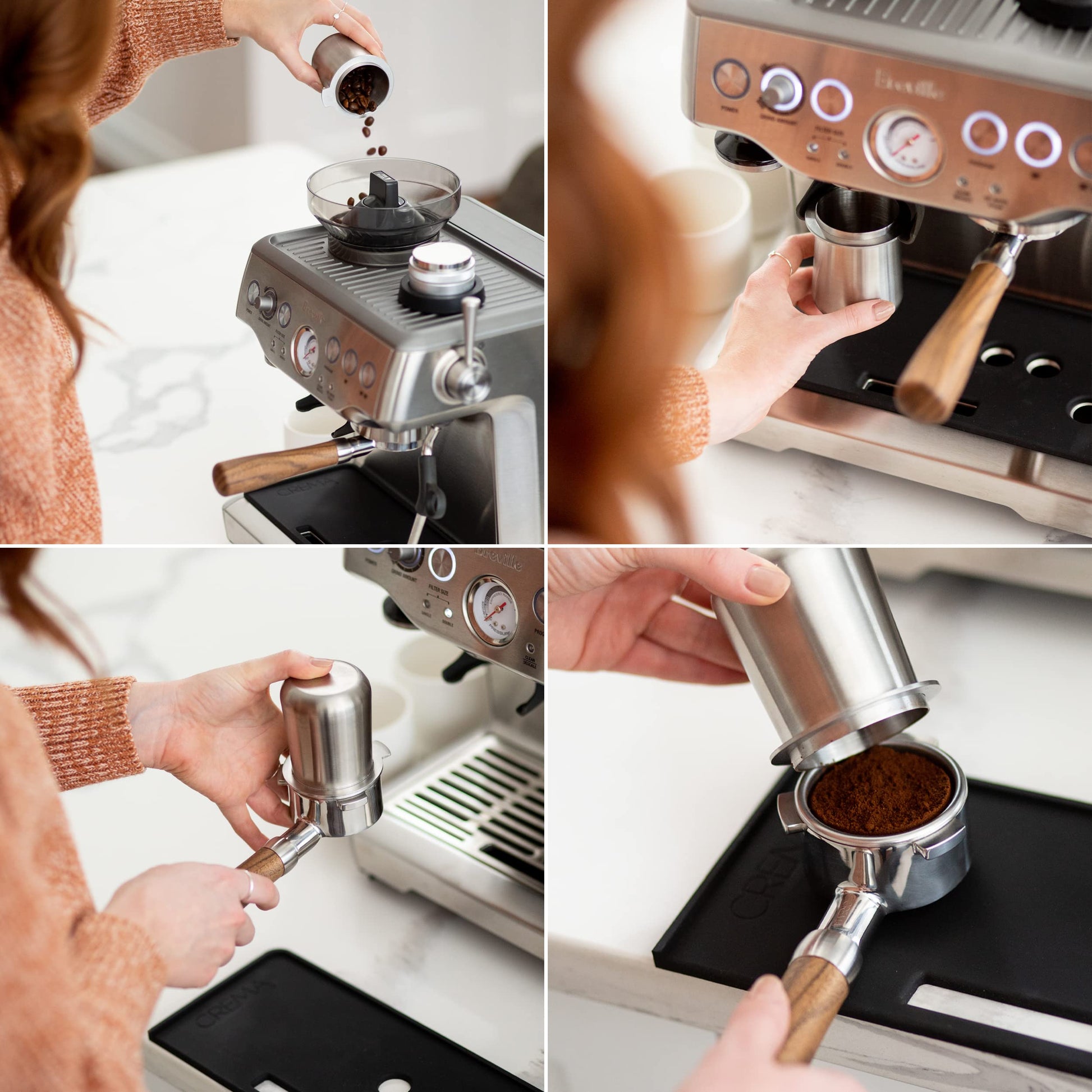 Crema Coffee Products | Taza dosificadora de 54 mm | Plata cepillada | Acero inoxidable 100% | Taza dosificadora de café espresso | Se adapta a portafiltros Breville de 54 mm