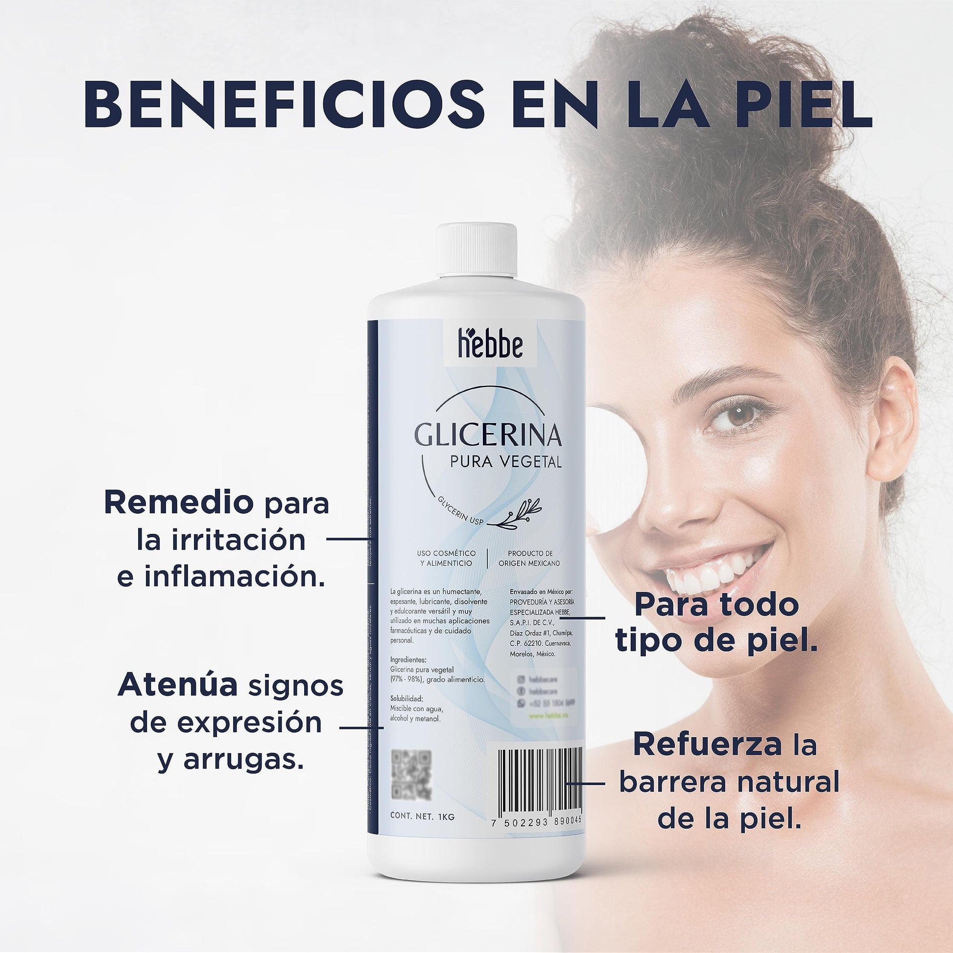 Hebbe | Glicerina Vegetal | Efecto Calmante | Para todo tipo de Piel | Uso Cosmético y Comestible | Refuerza la Hidratación | 1 kg