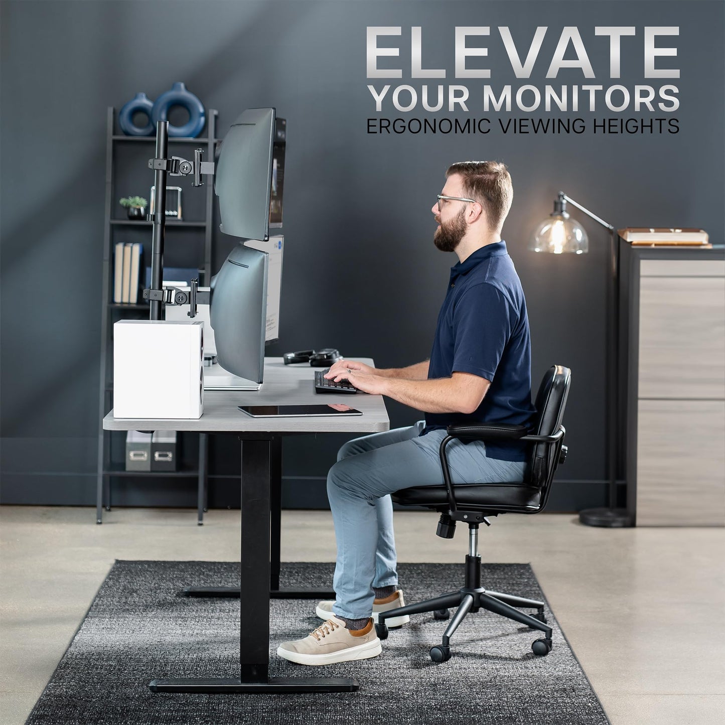 Soporte de Computadora VIVO Negro Ultra Ancho y Ajustable para Monitores Verticales Doble de Hasta 49 Pulgadas