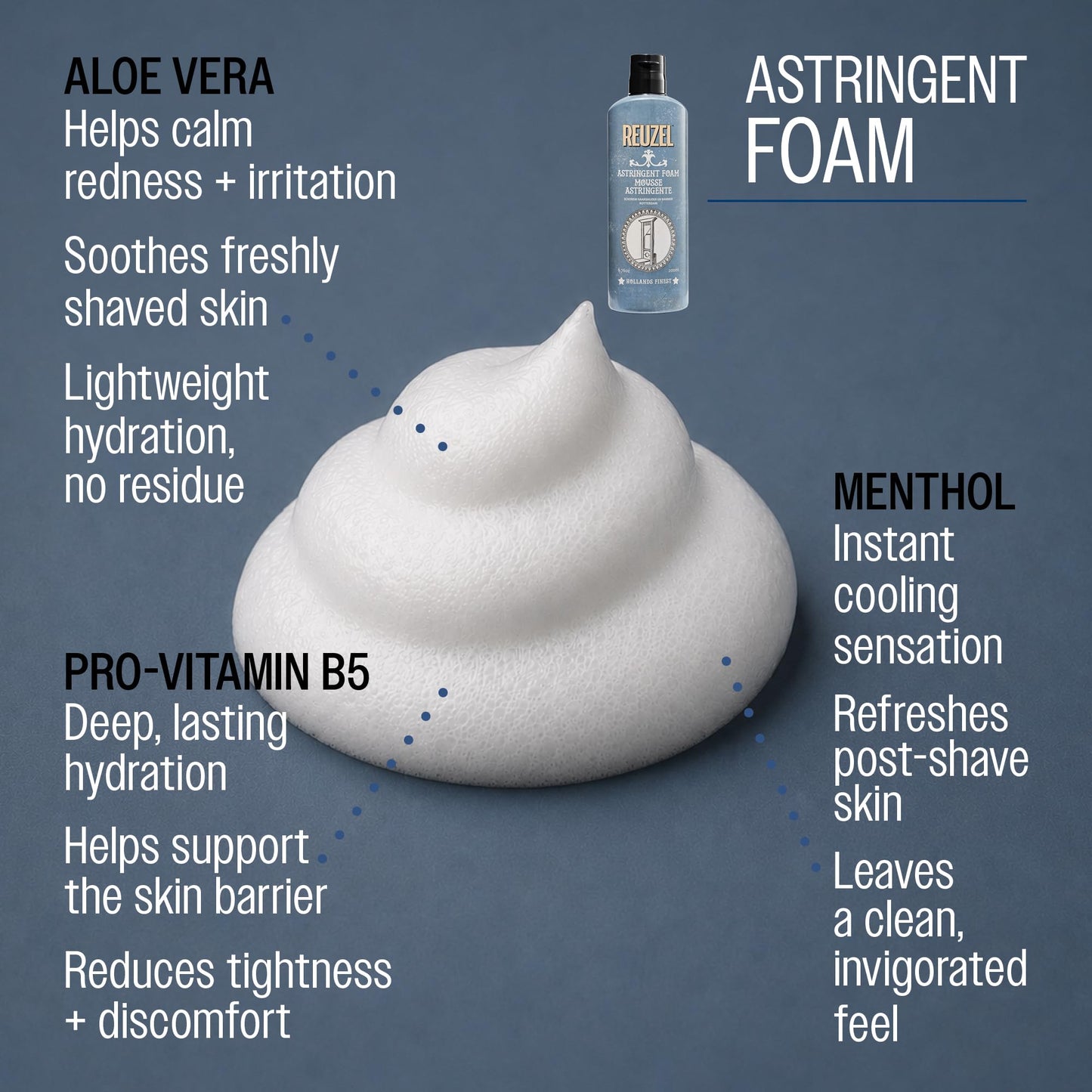 Reuzel Espuma astringente - Suaviza y tonifica - Remueve suciedad y grasa - Refresca la piel y cierra los poros - Mantiene la piel limpia y balanceada - Fórmula vegana, no reseca - 200 ml limpiador
