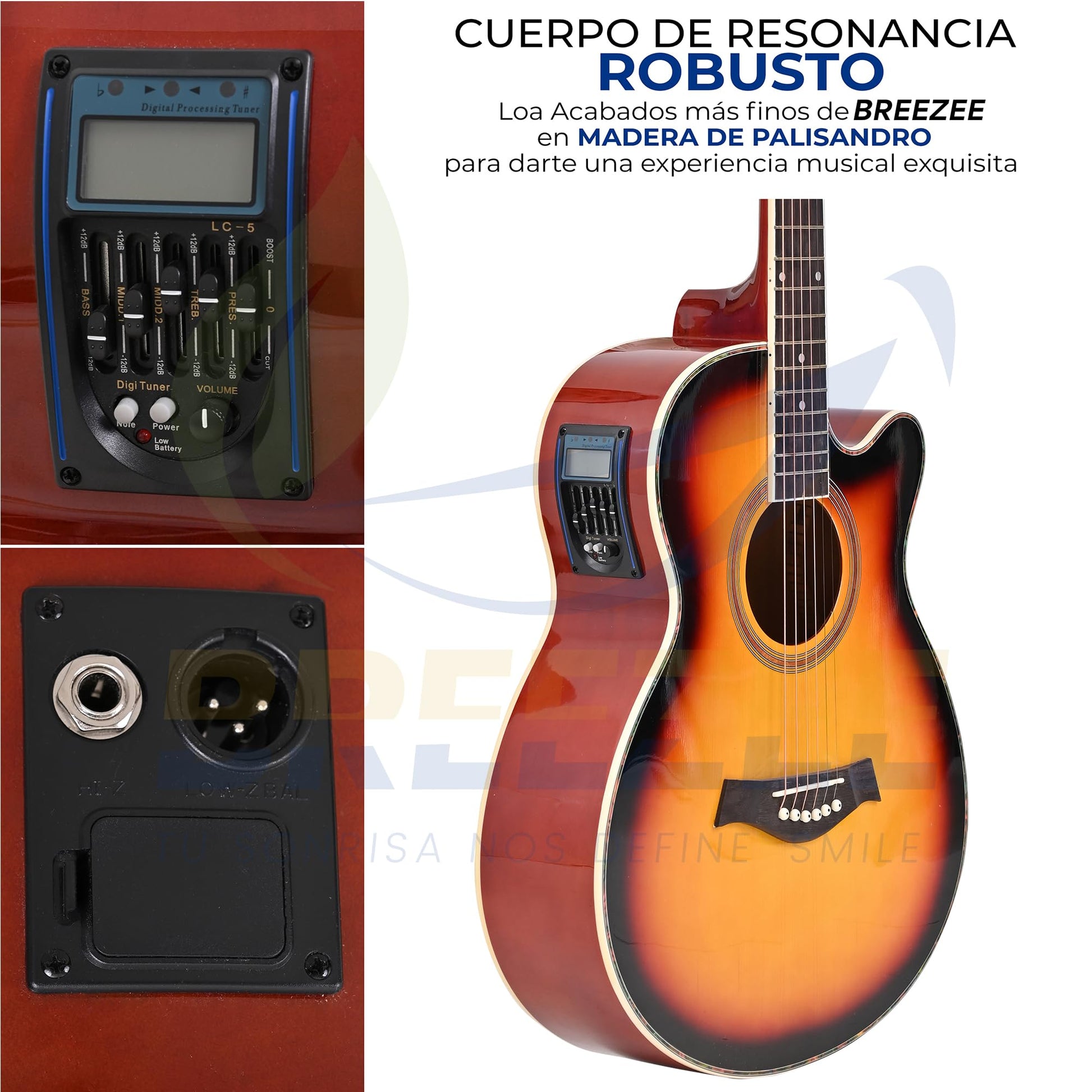 BREEZEE Guitarra Electroacústica de 40” Diseñada sobre Abeto, Merbau, Okume y Palisandro. Acabado de Barniz en Pulverización, Incluye Set de Accesorios Completo para Principiante
