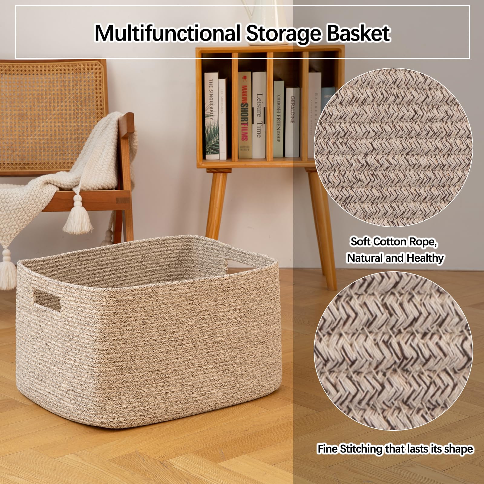 OIAHOMY Cesta de cuerda de algodón rectangular tejida para guardería, cesta de almacenamiento de juguetes con asa, marrón variegado, 45.7 x 35.6 x 30.5 cm