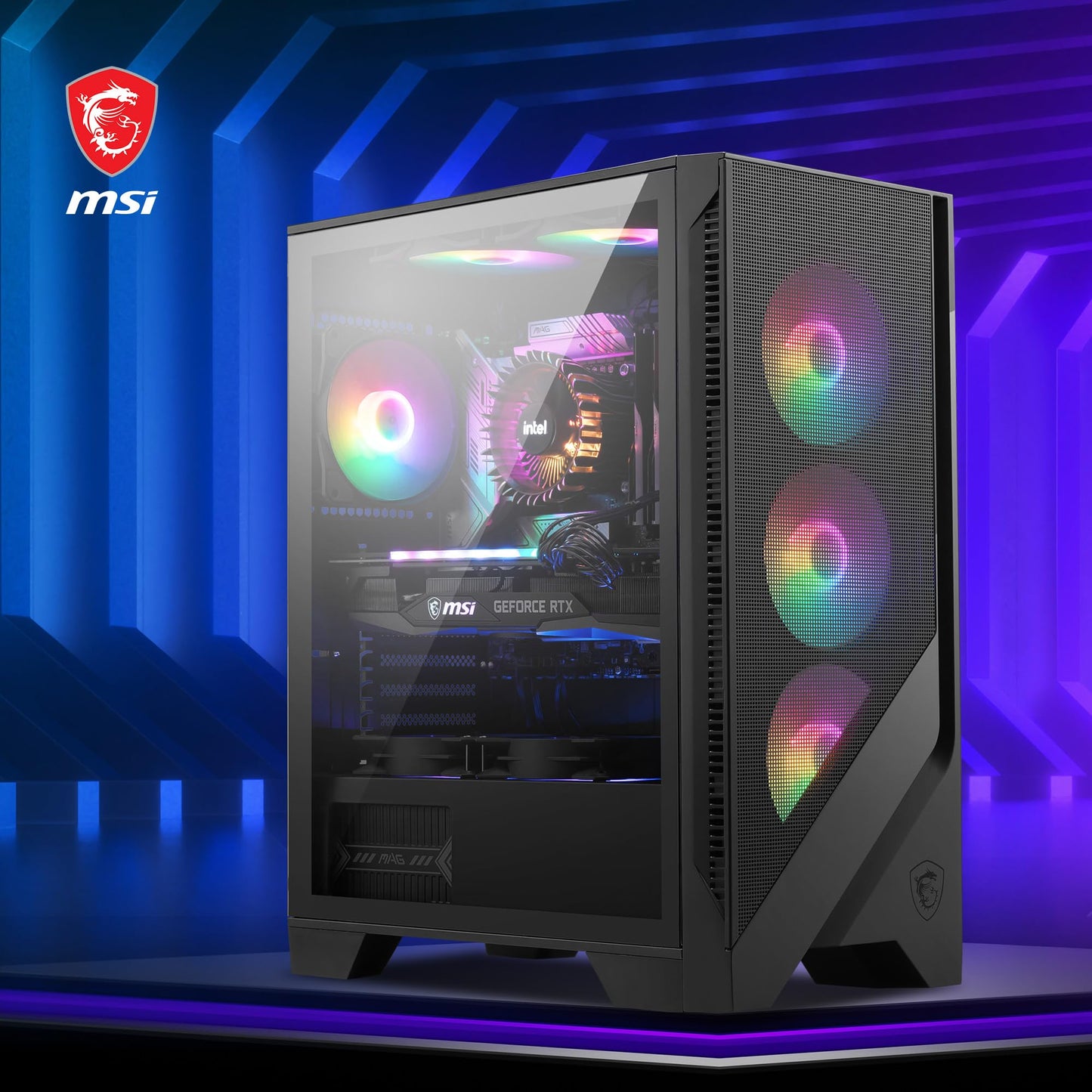 MSI Gabinete mag Forge 120A Airflow con Ventana RGB, Midi-Tower, ATX/Micro-ATX/Mini-ITX, USB 3.2, sin Fuente, 6 Ventiladores RGB Instalados, Negro