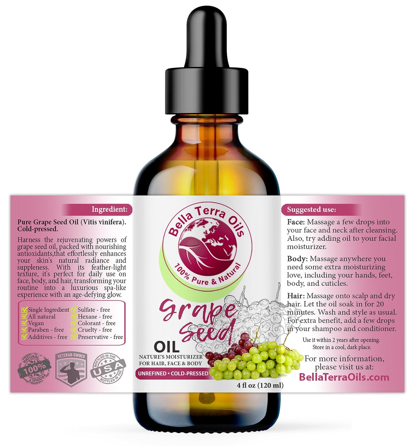 NEW Grape Seed Oil. 4oz. Cold-pressed. Unrefined. Organic. 100% Pure. Rich in vitamins. Hexane-free. Rejuvenates Skin. Softens Hair. Natural Moisturizer. For Hair, Skin, Nails, Beard, Stretch Marks.