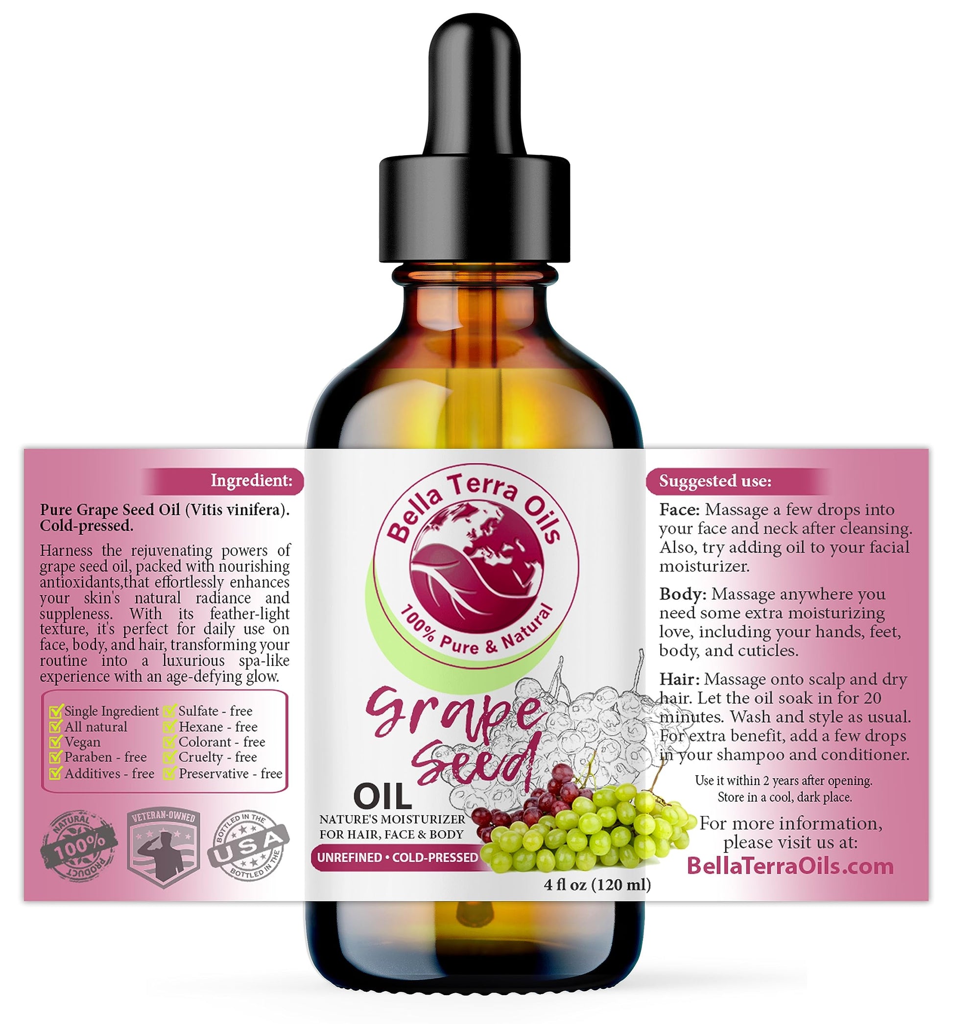 NEW Grape Seed Oil. 4oz. Cold-pressed. Unrefined. Organic. 100% Pure. Rich in vitamins. Hexane-free. Rejuvenates Skin. Softens Hair. Natural Moisturizer. For Hair, Skin, Nails, Beard, Stretch Marks.