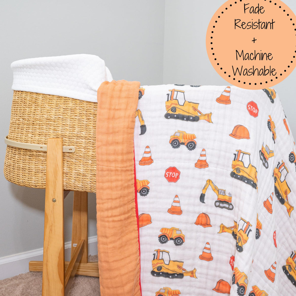 LollyBanks - Colcha de muselina para bebé, 6 capas, 100% algodón, 47 x 47 pulgadas, suave, ligera y transpirable para bebés y niños, manta acogedora para cuna para niños (impresión de construcción)