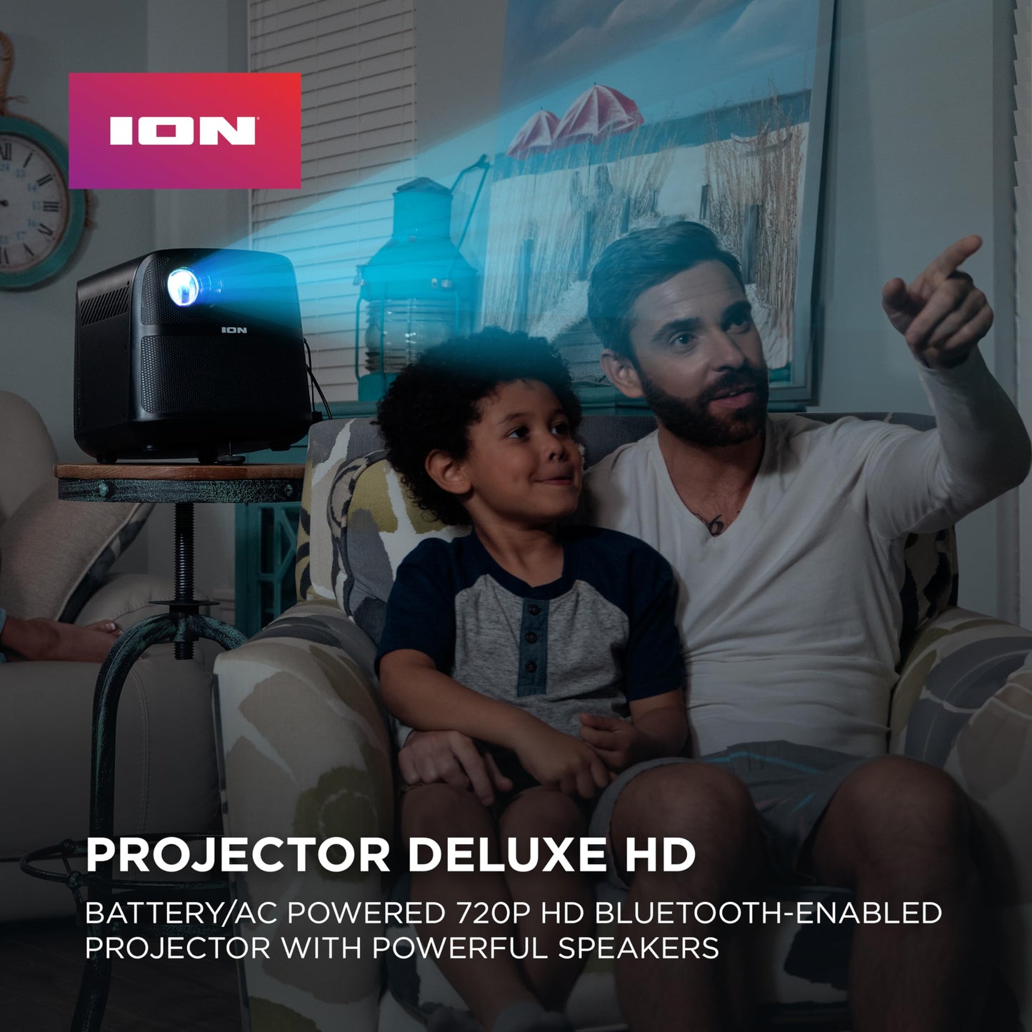 Ion Proyector LED portátil para Exteriores con Altavoces de 70 W, Bluetooth, batería Recargable, micrófono, Conexiones USB y HDMI, 720P HD
