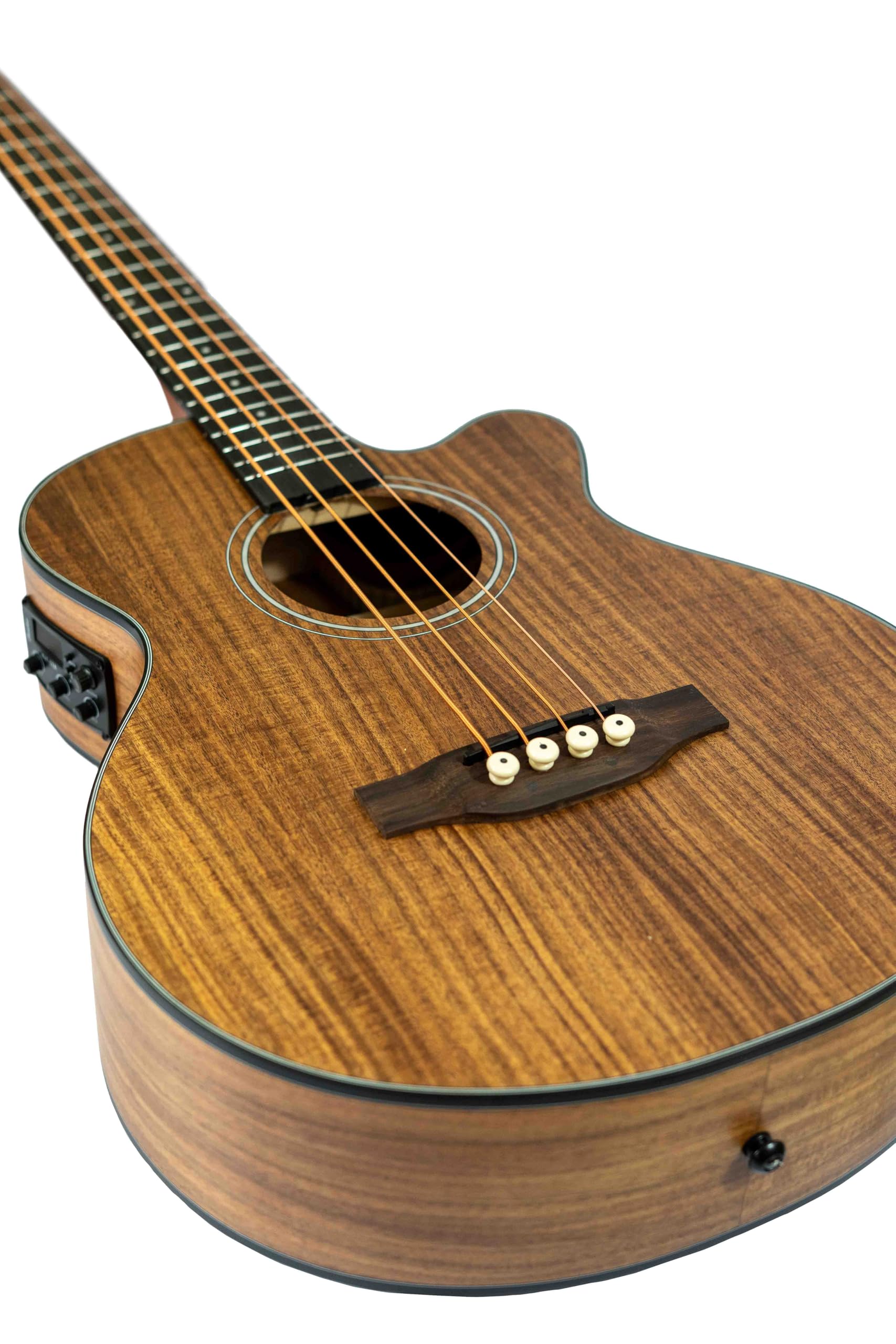 BAMBOO, Bajo Electroacústico Koa, Escala Larga con funda acolchada y ecualizador de 3 bandas, control de volumen y afinador cromático. Tapa, aros y fondo de Koa.