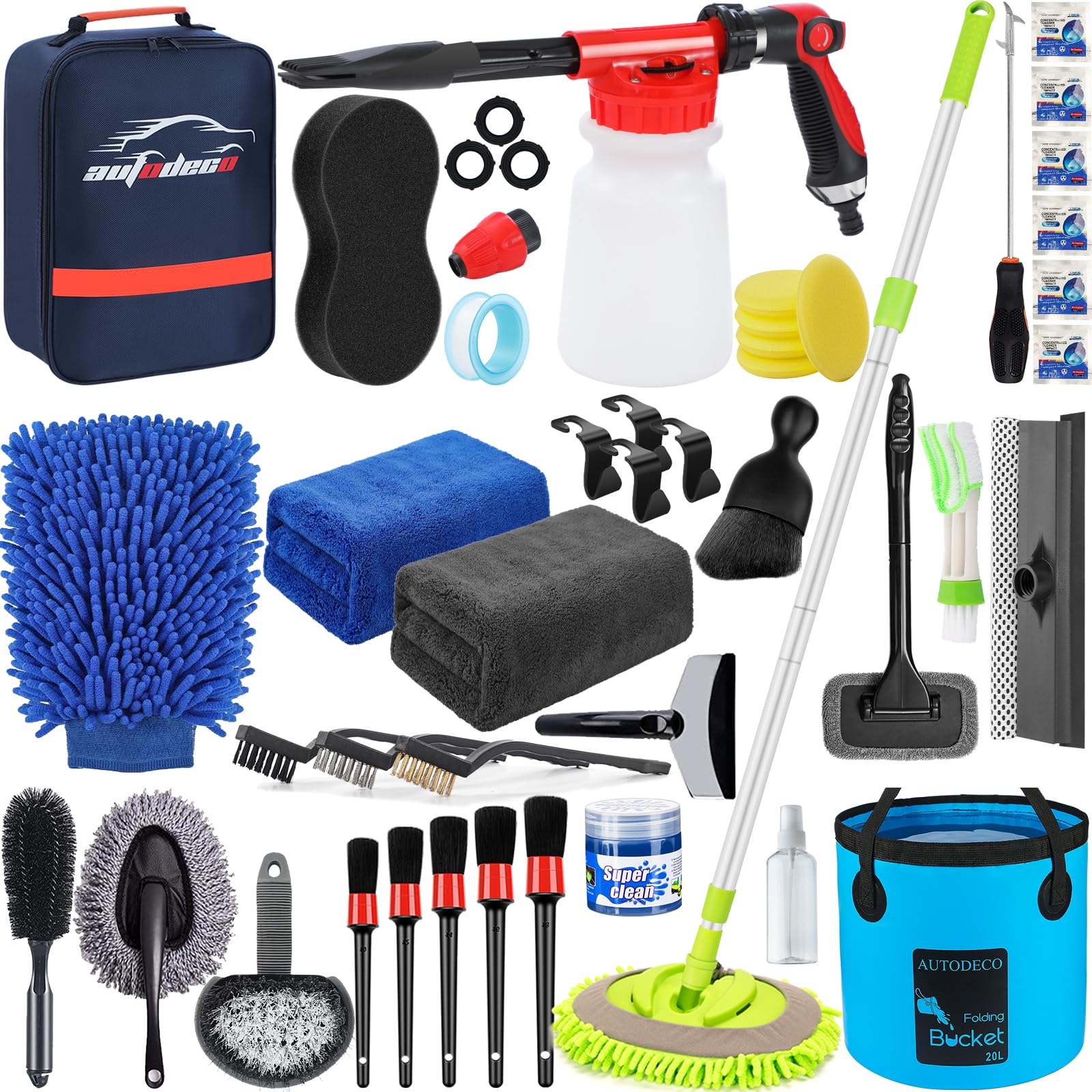 AUTODECO - Kit de limpieza de lavado de coche con pistola de espuma, bolsa de lona azul de 62 pulgadas, cepillo para polvo de lavado de parabrisas y herramienta de limpieza plegable, guante de lavado de esponja, juego completo para interiores y exteriores