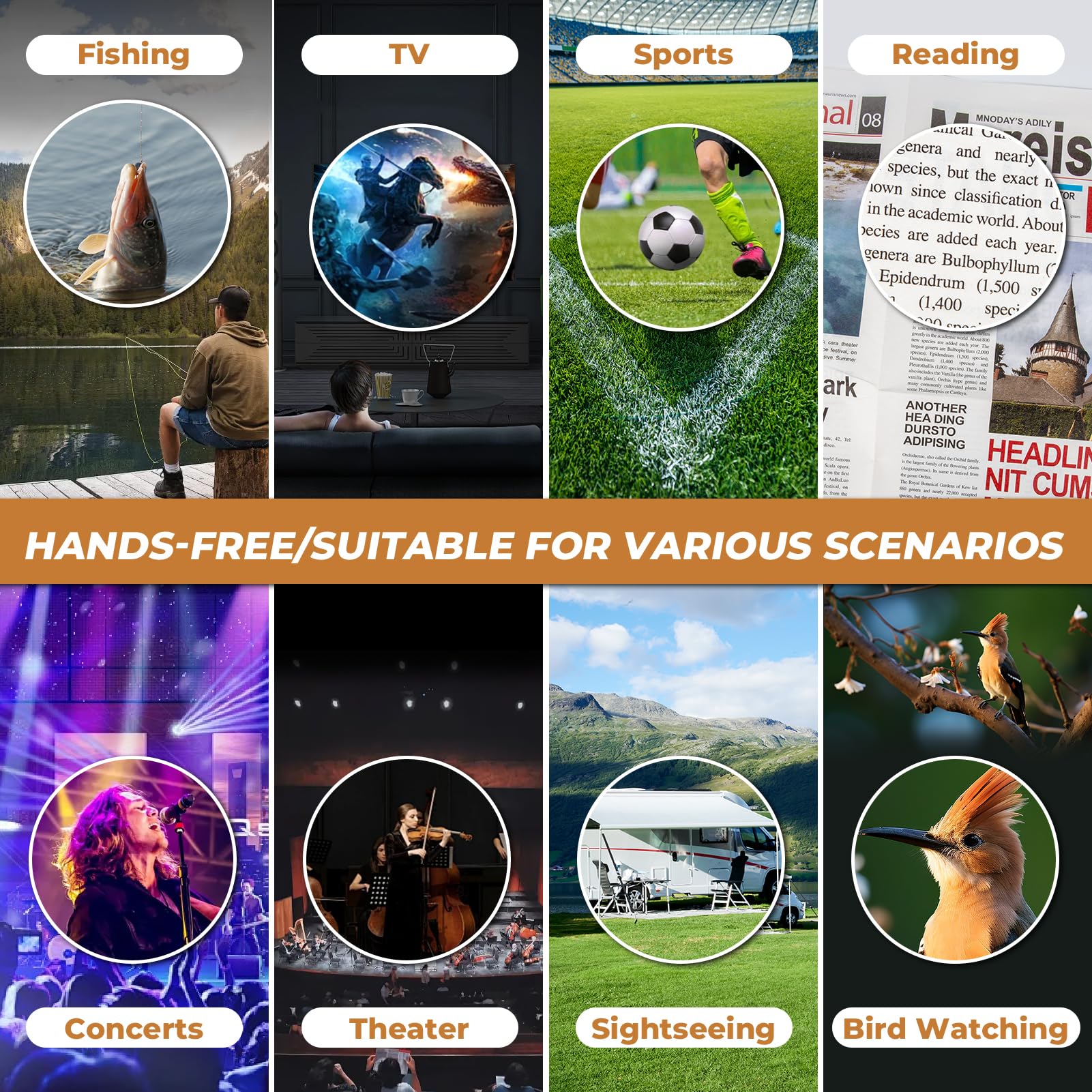 BIJIA 3X anteojos binoculares de ópera, manos libres, anteojos perezosos prismáticos, ligeros para pesca, observación de aves, televisión, deportes, conciertos, teatro y turismo, para adultos, hombres