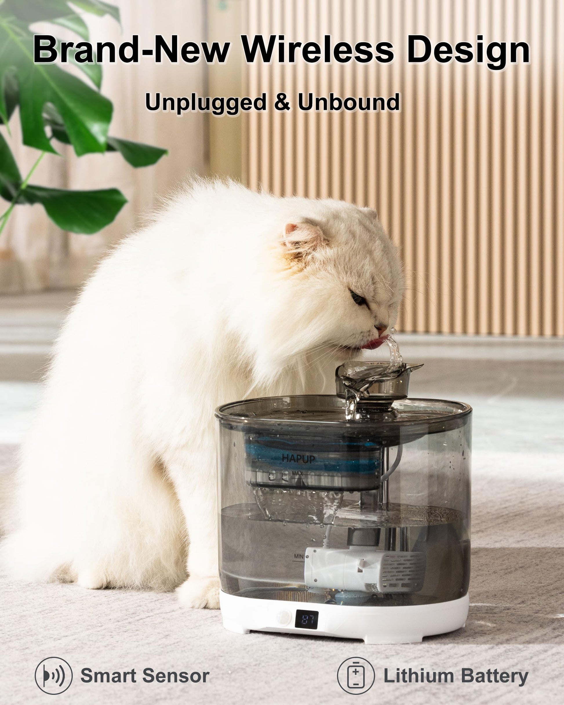 HAPUP Fuente para Gatos sin Cable 2,2L Bebedero Gatos Automatico Fuente de Agua para Gatos con Sensor de Movimiento Pilas de 5000 mAh Bomba Silenciosa y Filtro Fuente Gatos