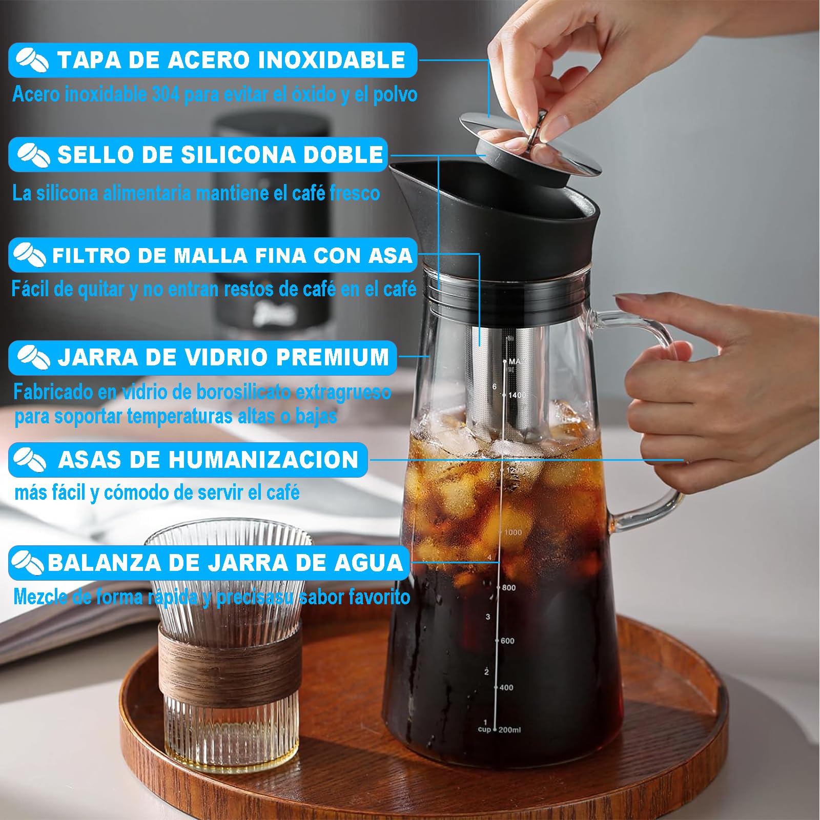 Café En Frío Cold Brew Jarra De Vidrio,1.5 L Cafetera de infusión fría,Jarra de hielo de vidrio con filtro de acero inoxidable extraíble y tapa de sellado, perfecta para té de frutas o café