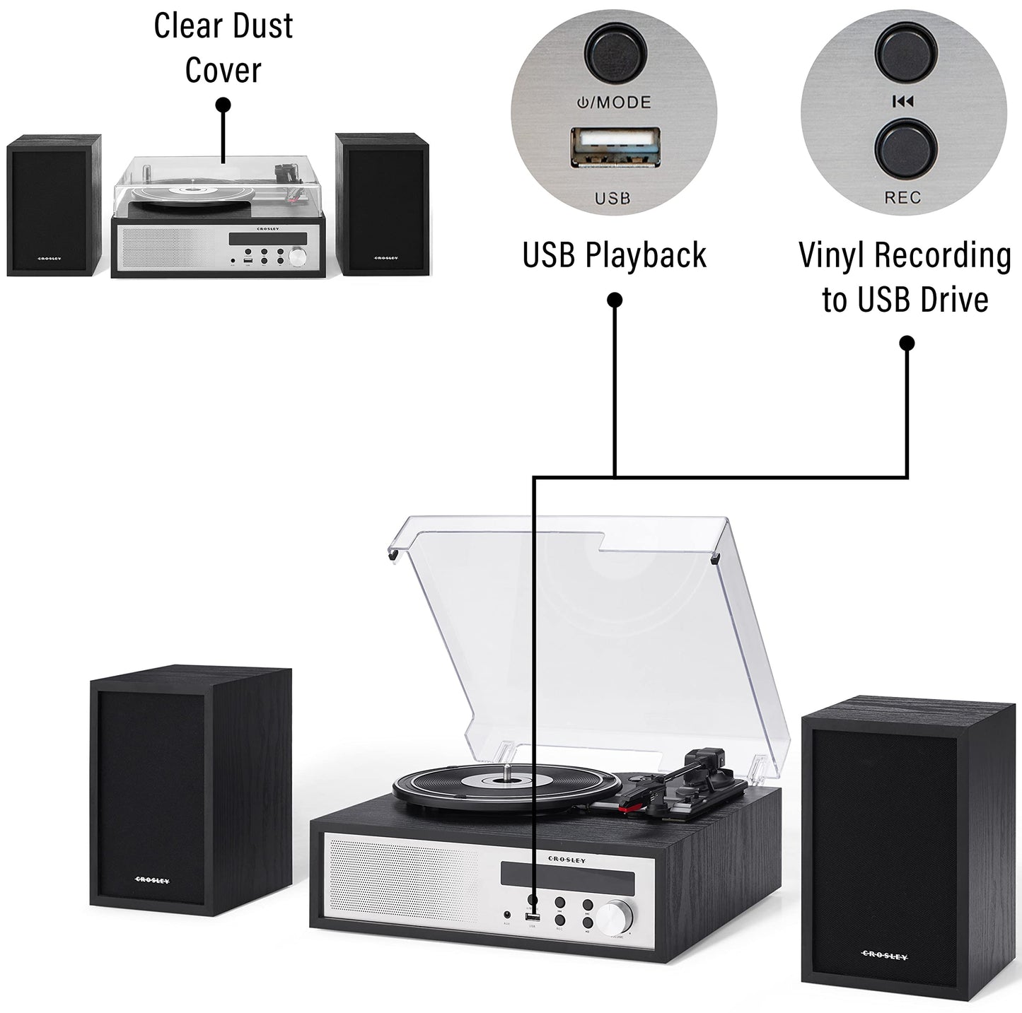 Crosley CR7022A-BK Sloane - Tocadiscos Bluetooth de 3 velocidades y Sistema de Estante de Radio FM con Altavoces estéreo a Juego, Color Negro