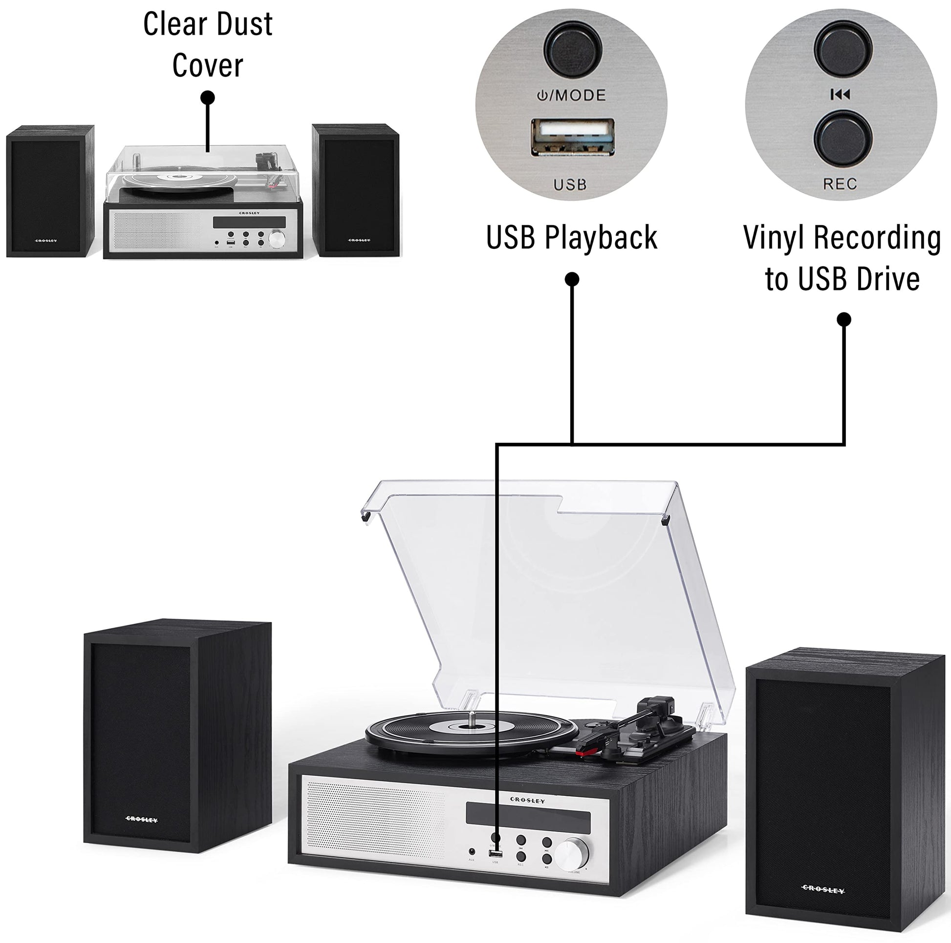 Crosley CR7022A-BK Sloane - Tocadiscos Bluetooth de 3 velocidades y Sistema de Estante de Radio FM con Altavoces estéreo a Juego, Color Negro