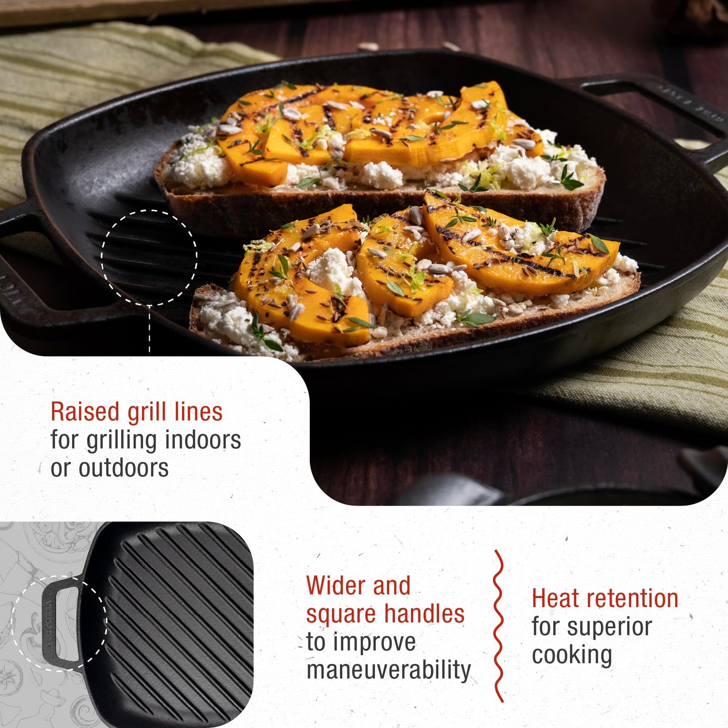Parrilla Cuadrada Victoria Negro de Hierro Fundido con Asas de Doble Bucle y Mango para Mujer