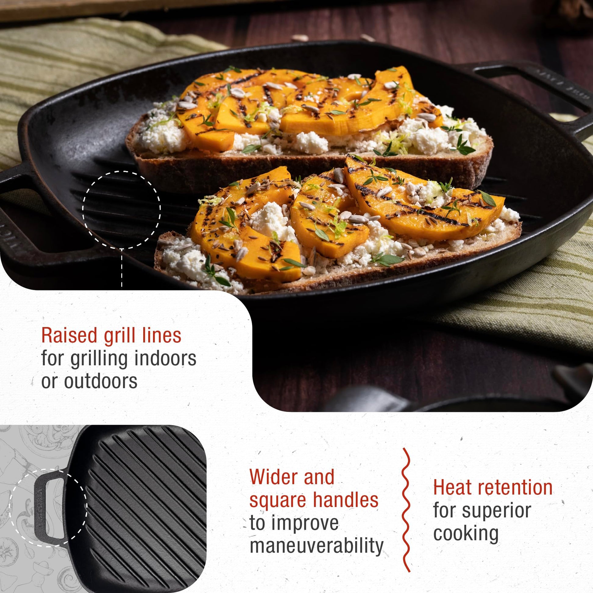 Parrilla Cuadrada Victoria Negro de Hierro Fundido con Asas de Doble Bucle y Mango para Mujer