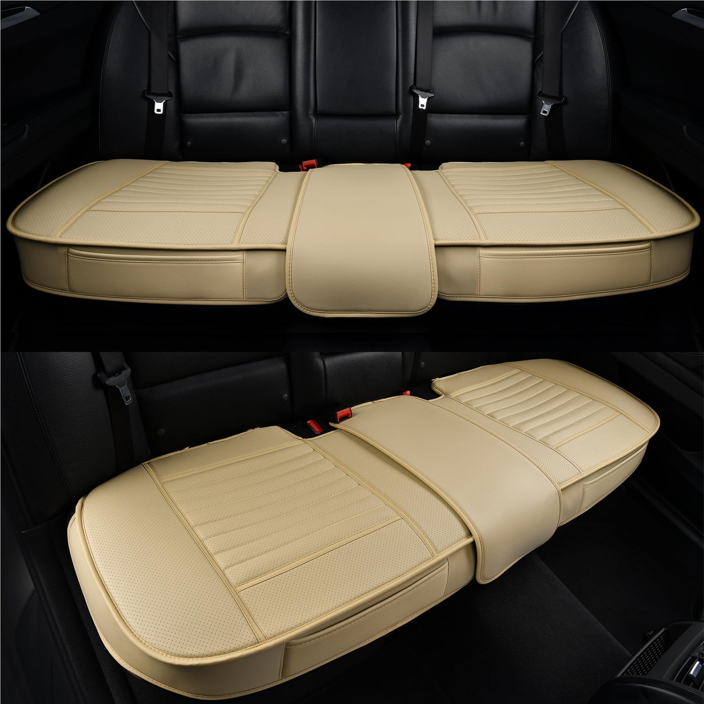 Sunny color Fundas para asiento trasero, cojines para asiento trasero, protector de banco para auto con piel de PU transpirable y fondo antideslizante universal para 4 estaciones (Beige, 155 cm x 52