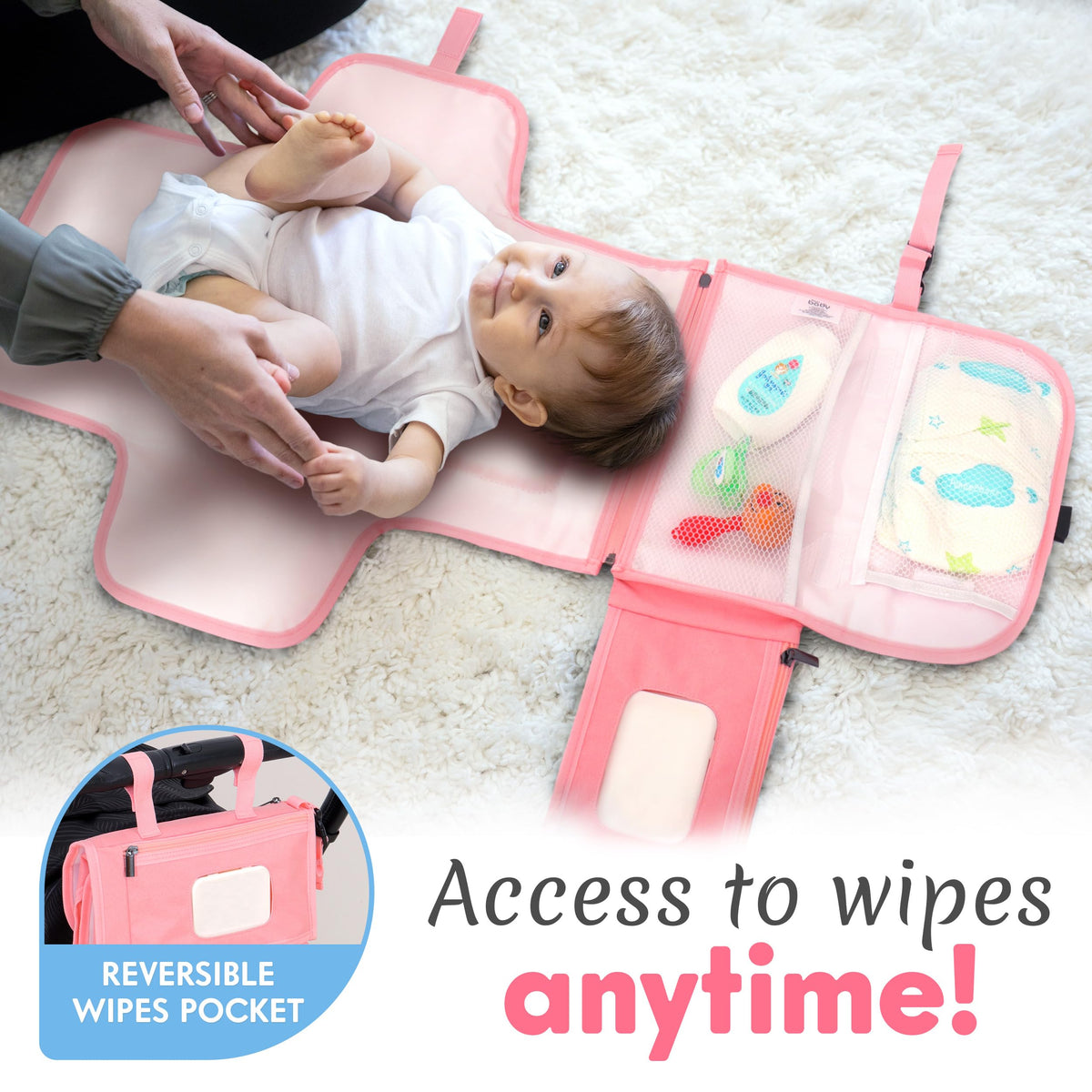 Kopi Baby - Cambiador de pañales portátil para bebé, bolsa de viaje con bolsillo para toallitas, tapete cambiador portátil de diseño inteligente, kit de estación de viaje para bebés, regalo para niñas