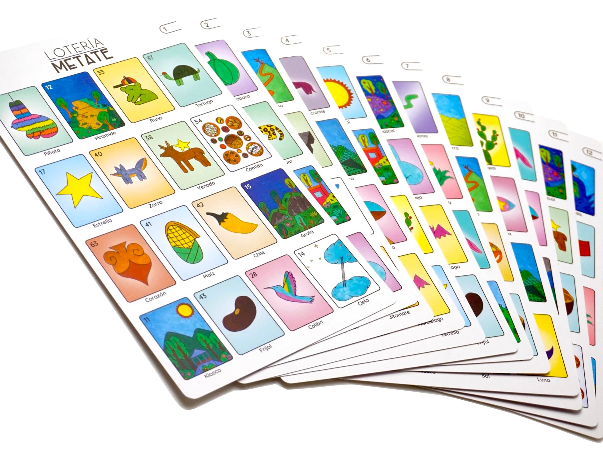 LOTERÍA METATE | Tesoros de México | Lotería Mexicana Familiar en español, náhuatl e inglés | 64 Cartas y 12 tableros