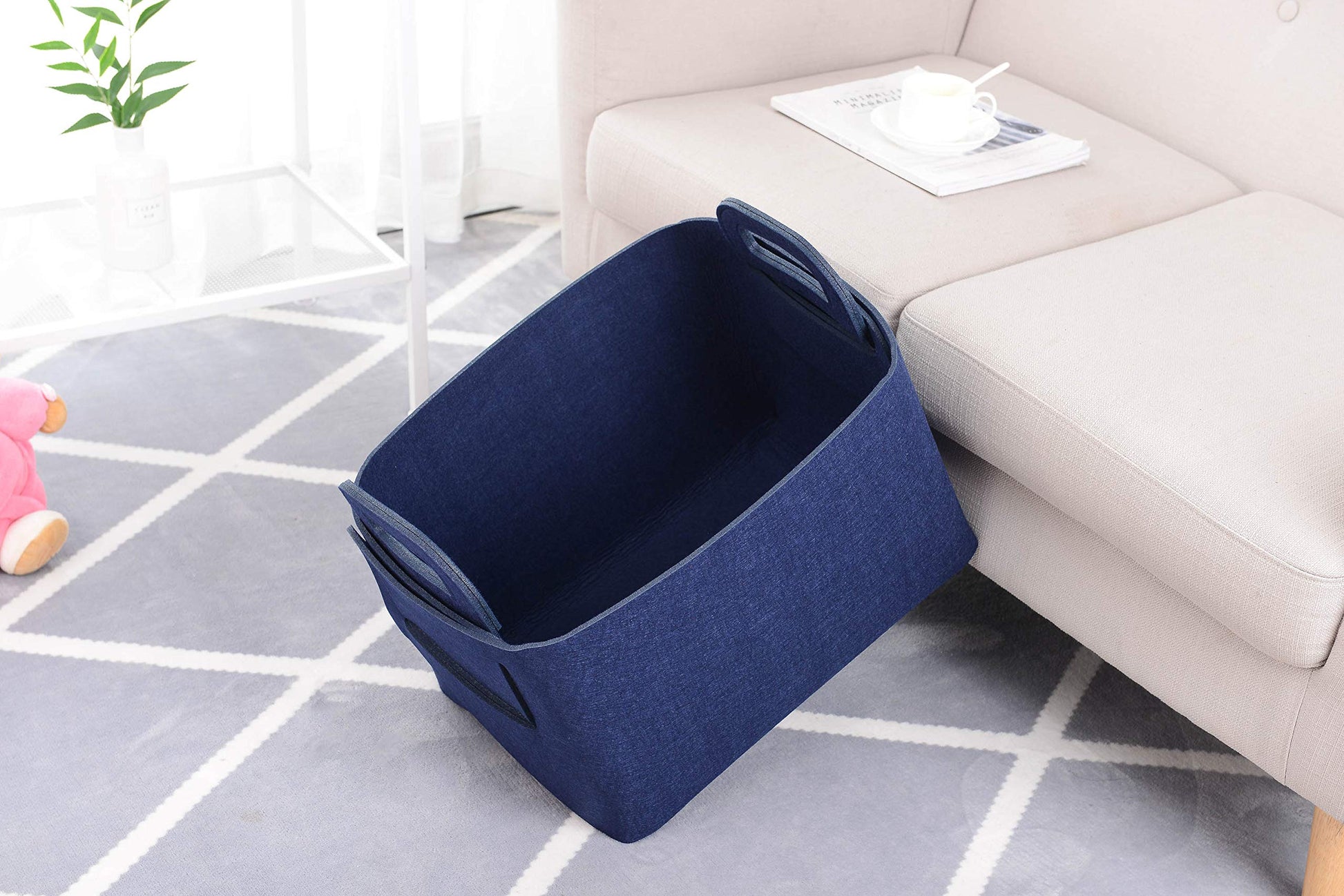 Cesta de almacenamiento de fieltro plegable y conveniente organizador con asas de transporte para oficina, recámara, clóset, bebé, juguetes de guardería, ropa (azul marino, 18.9 pulgadas de largo x