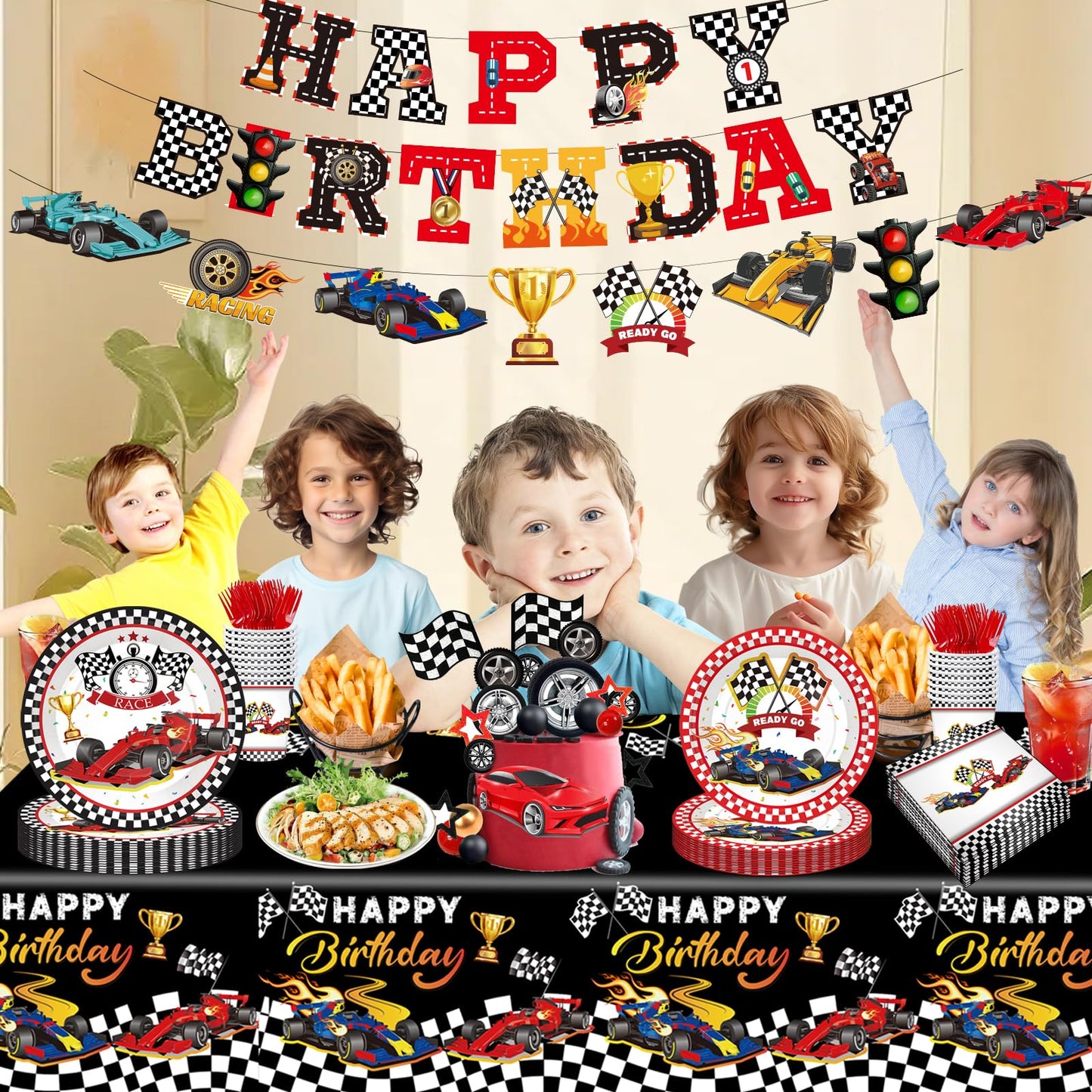 Bzxxysi - Juego de vajilla para fiesta de cumpleaños para coche, diseño rojo y negro, incluye platos, servilletas, tazas, tenedores, mantel, pancartas para 24 invitados