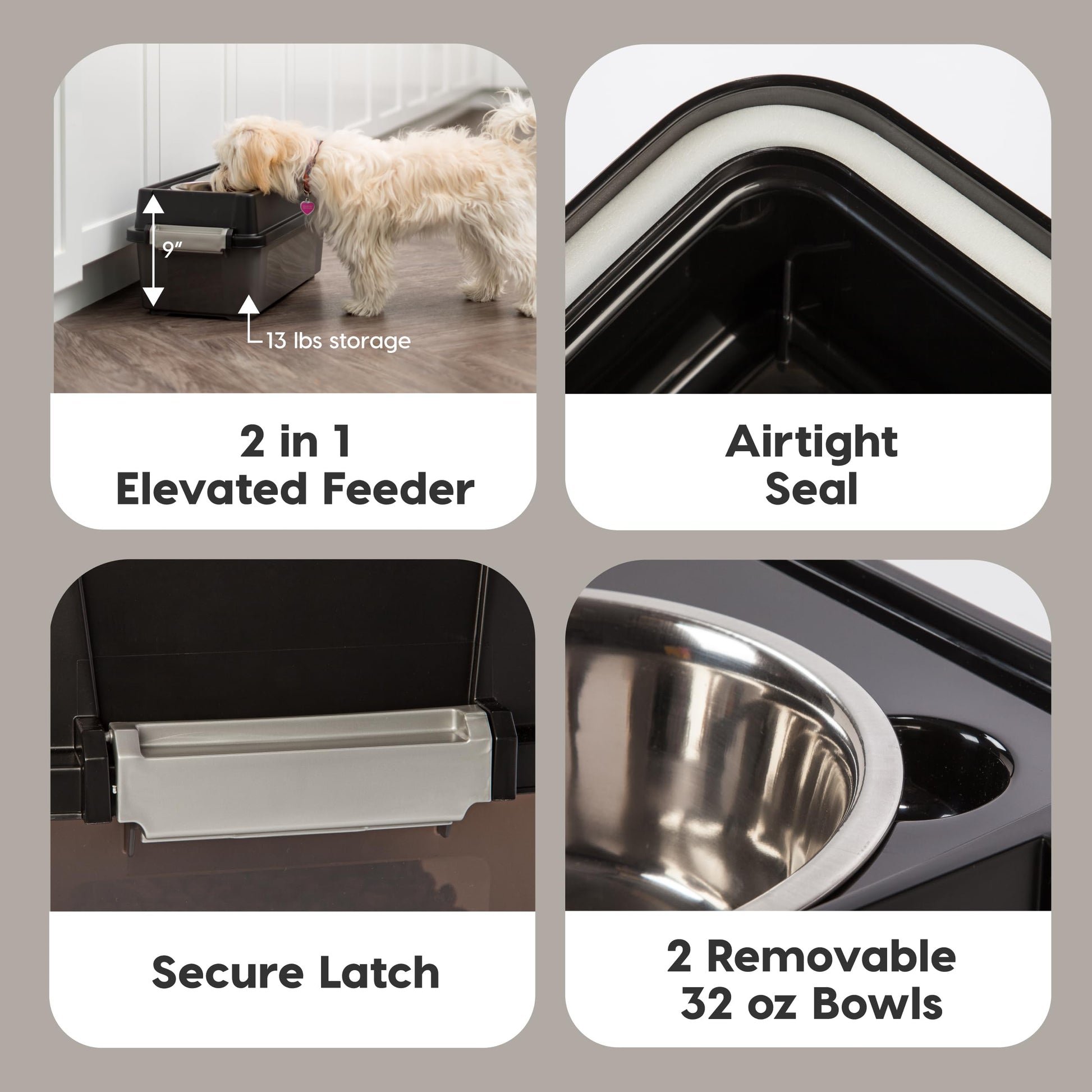 Comedero Elevado Mediano IRIS USA Humo Negro con Contenedor Hermético para Mascotas y Cuencos Removibles