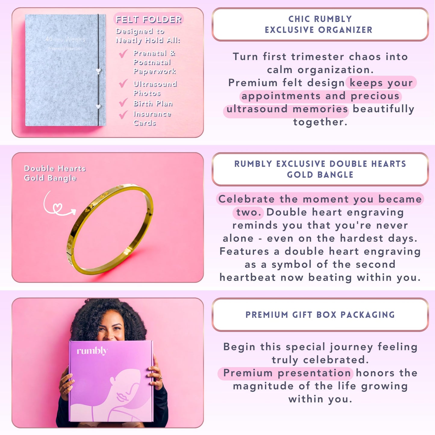 Rumbly 1. Trimestre Essentials Box para mujeres embarazadas – Regalo para mujeres embarazadas – Paquete de cuidado con artículos esenciales para nuevas madres y imprescindibles para el embarazo