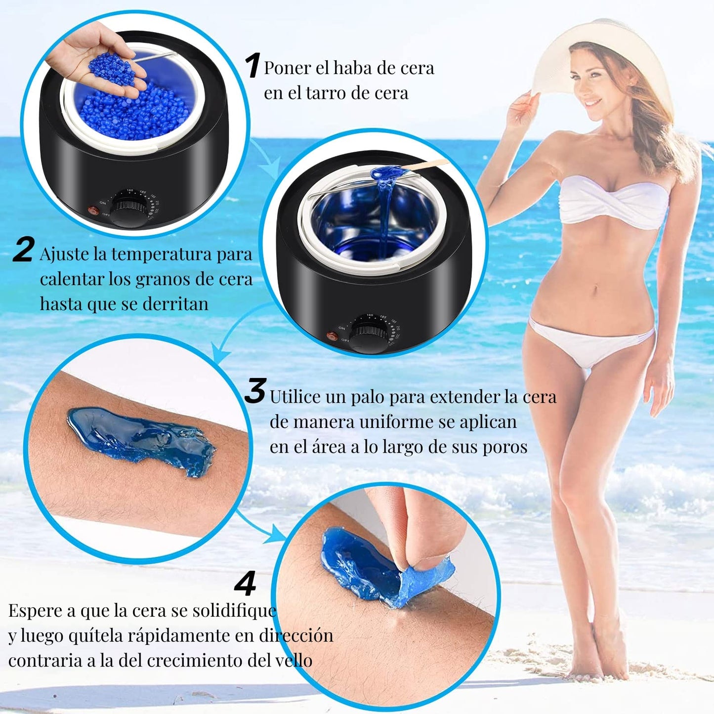 Cera para Depilar, Cera Depiladora con 500g Perlas de Cera Dura, Kit Cera Española para Depilar para Cejas | Bikini, Piernas, Axilas y Más, Calentador de Cera Eléctrico para Depilación con 20 Espátulas y 2 Frascos de Spray Tratante(Negro)