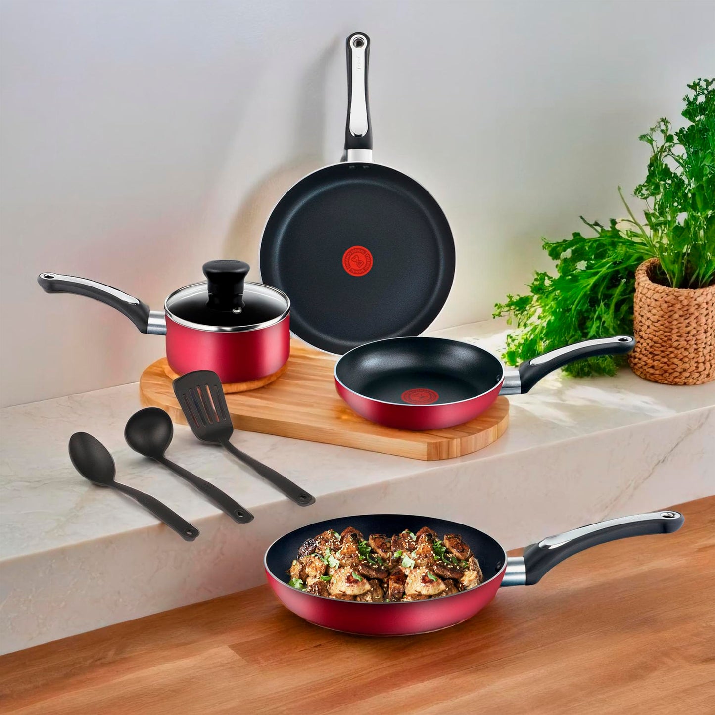 Set de 12 Piezas T-fal Rojo con Termo Señal y Base Difusora
