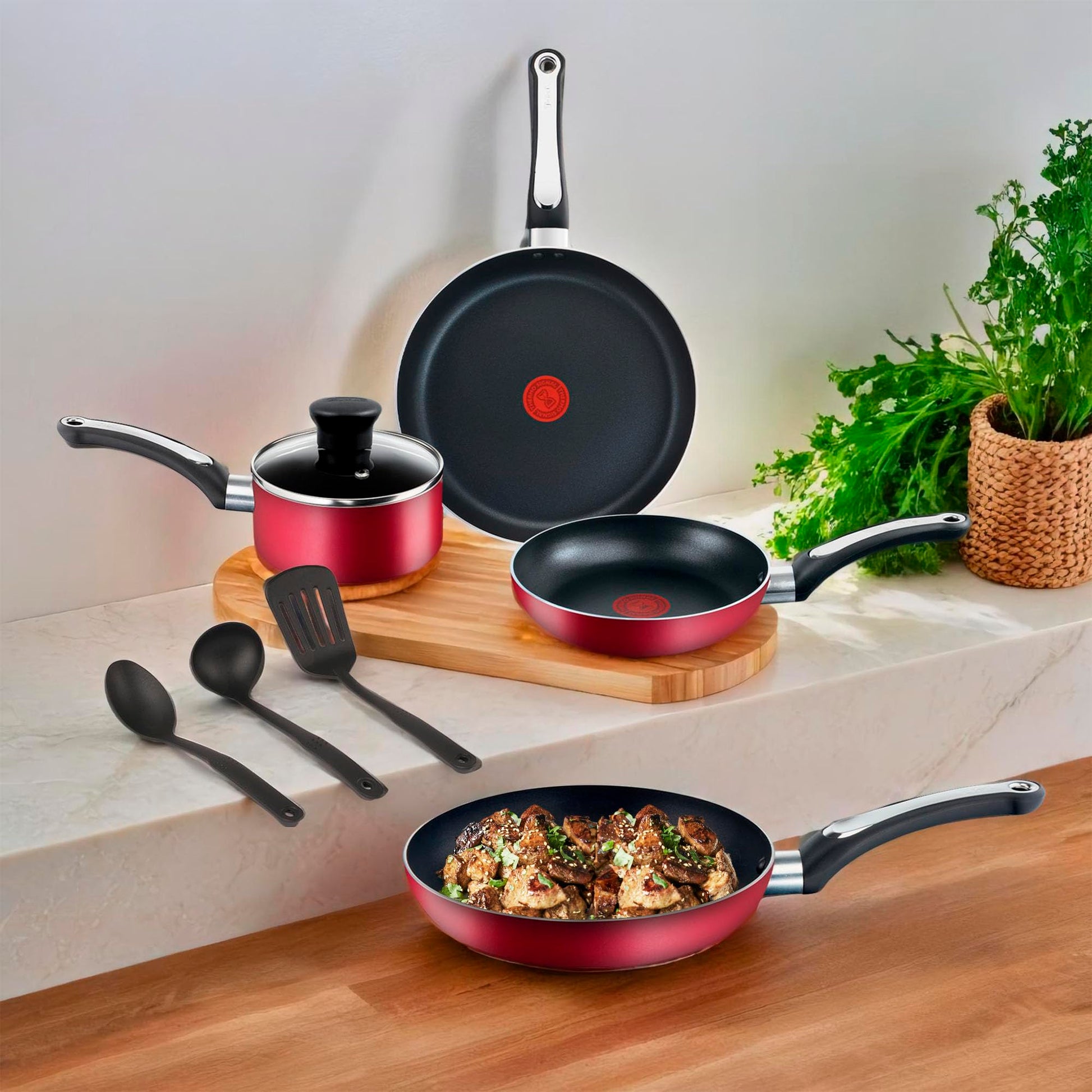 Set de 12 Piezas T-fal Rojo con Termo Señal y Base Difusora