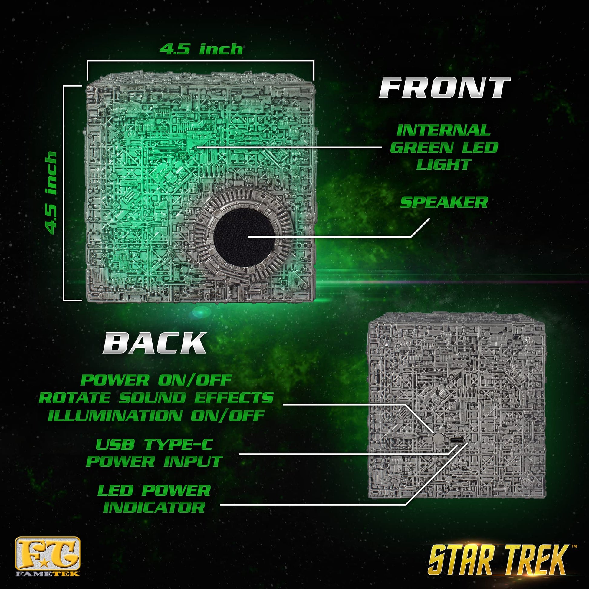 Star Trek Borg Cube - Altavoz Bluetooth con iluminación verde, efectos de sonido y citas Borg - Memorabilia, regalos, Gadgets, coleccionables para fans de Star Trek