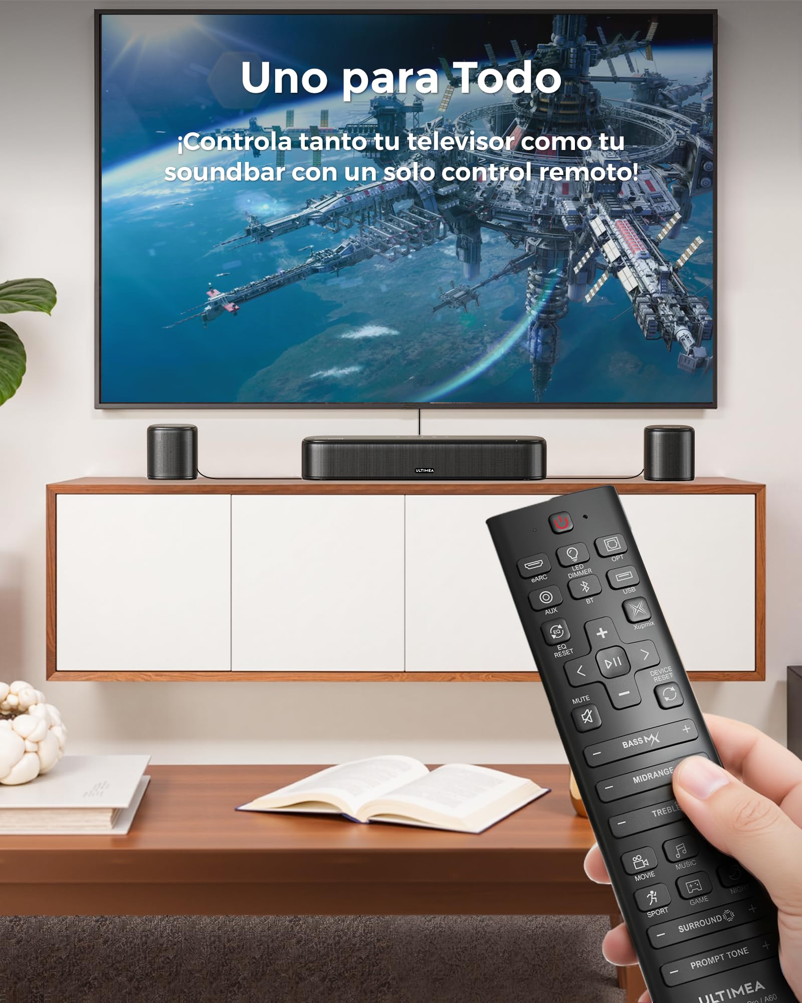 ULTIMEA 7.1CH Barra de Sonido con Dolby Atmos, Subwoofer para Teatro en Casa, Sistema de Audio Envolvente para TV con 4 Altavoces Satélite, Control por App, HDMI eARC, Aura A60