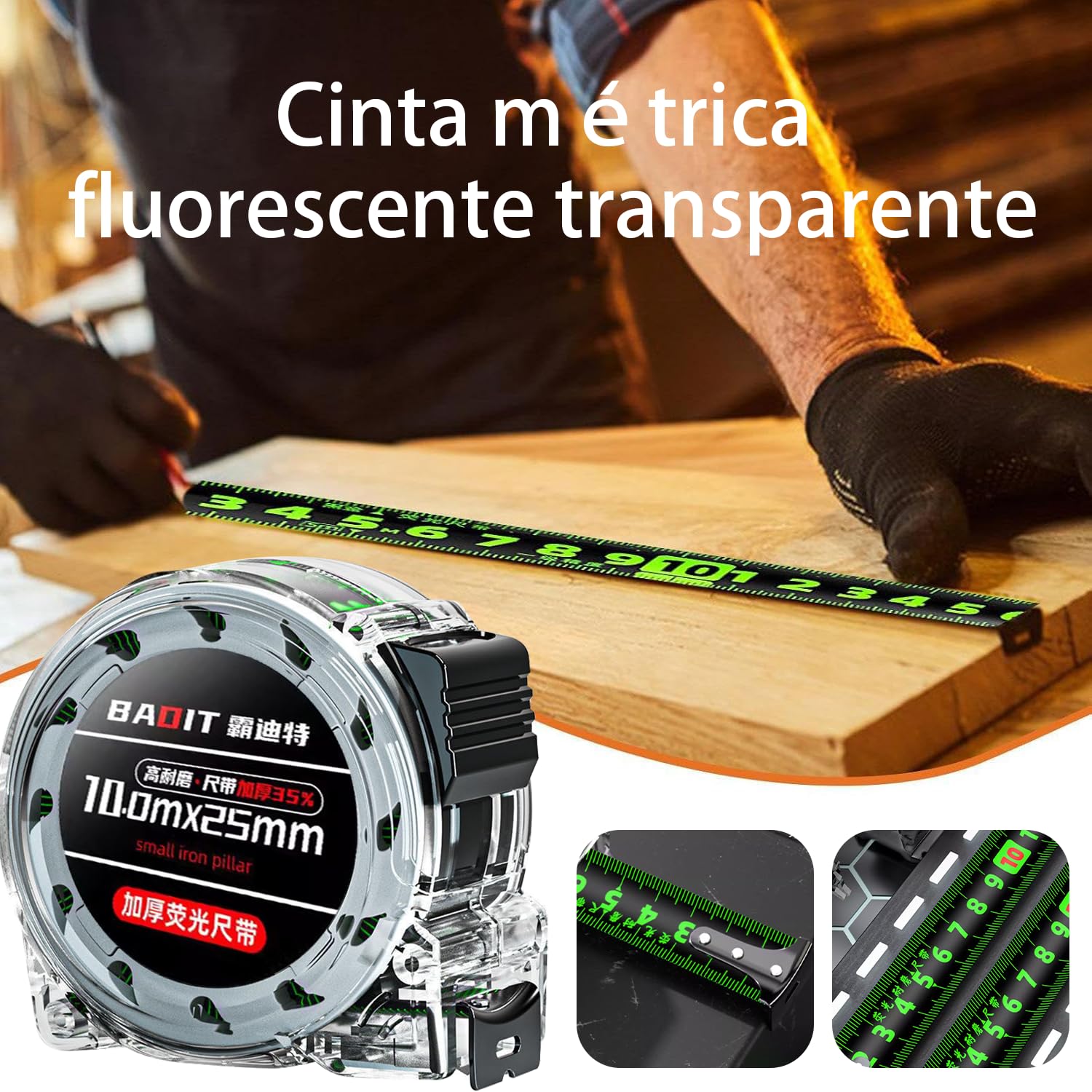 Cinta Métrica Transparente，Herramienta de Medición,Para la Construcción de Cinta de Bloqueo y Proyectos de Bricolaje, Fácil de Leer, Retráctil-10m（1pc）