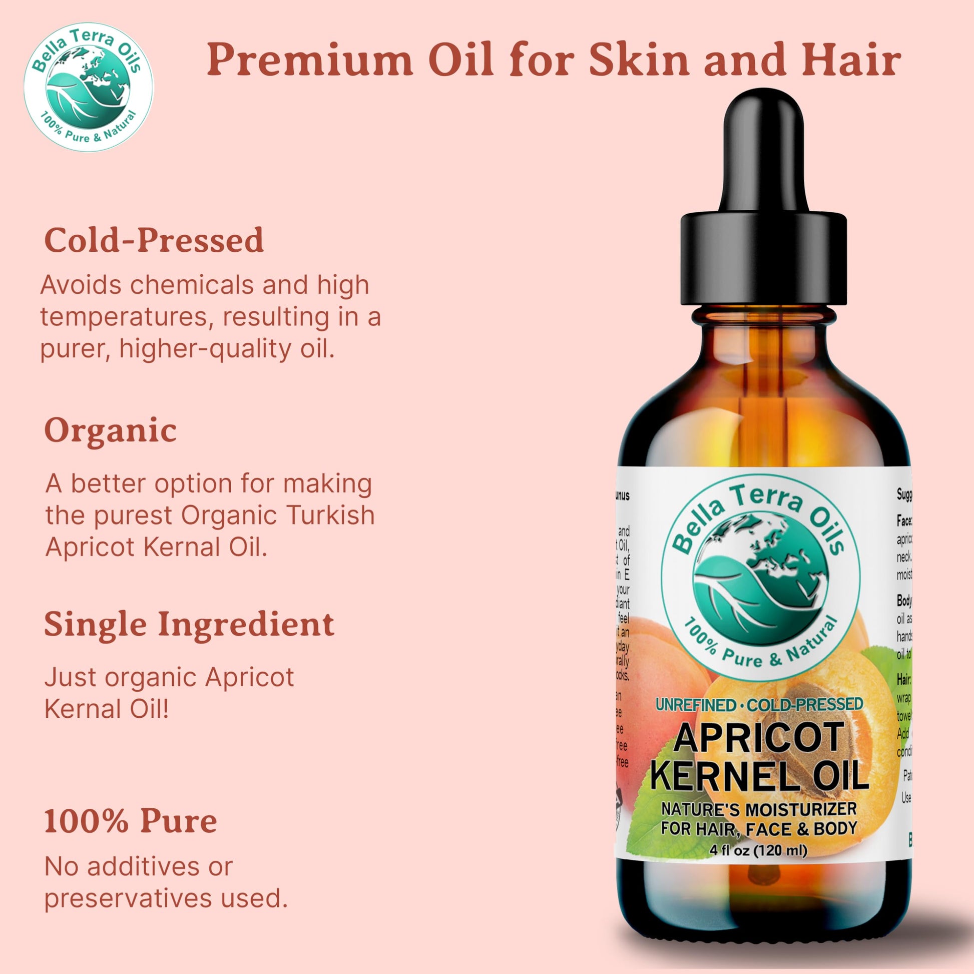 Apricot Kernel Oil 4 oz 100% Pure Cold-pressed Unrefined Organic - Bella Terra Oils