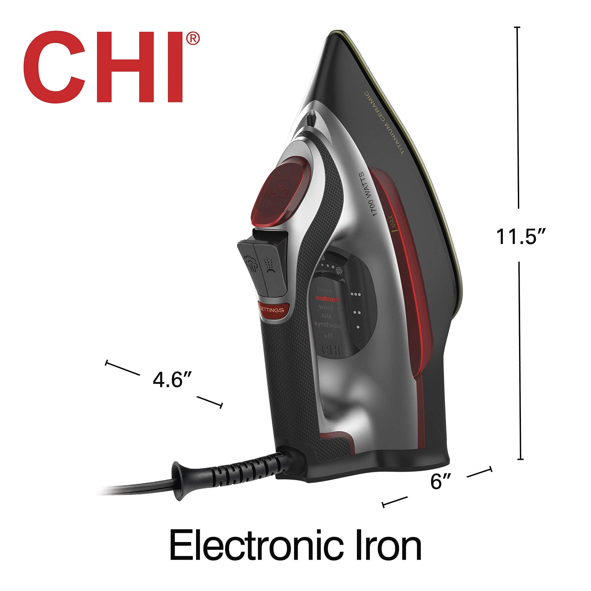 CHI Plancha de Vapor para Ropa con Control electrónico de Temperatura, Suela de cerámica con infusión de Titanio, 1700 vatios, Cable XL de 10 pies, Apagado automático de 3 vías, más de 300 Agujeros,